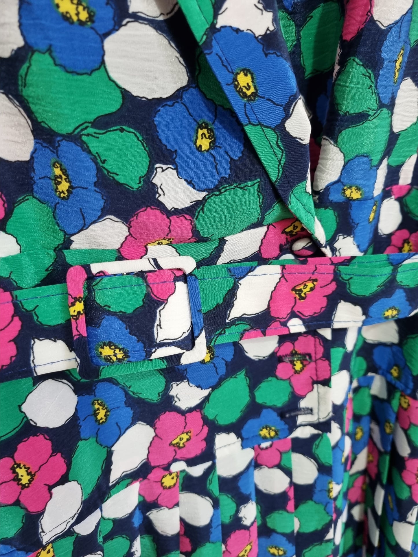 Vintage Berketex Loud Flower Print Pleated VNeck Drop Waist Midi Dress (SMALL) - Vintage Appreciation Society