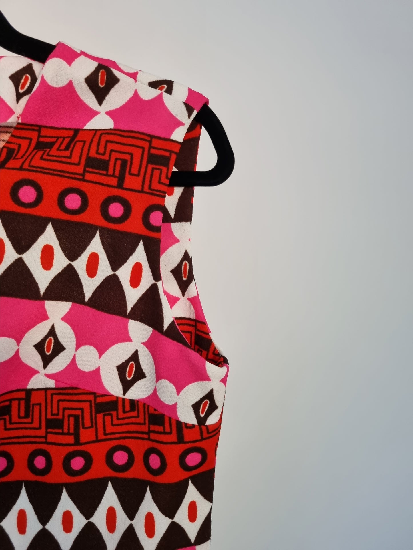 Vintage 60s Vintage Midsize Pink, Black and Red Geometric Shift Dress UK 14 - Vintage Appreciation Society