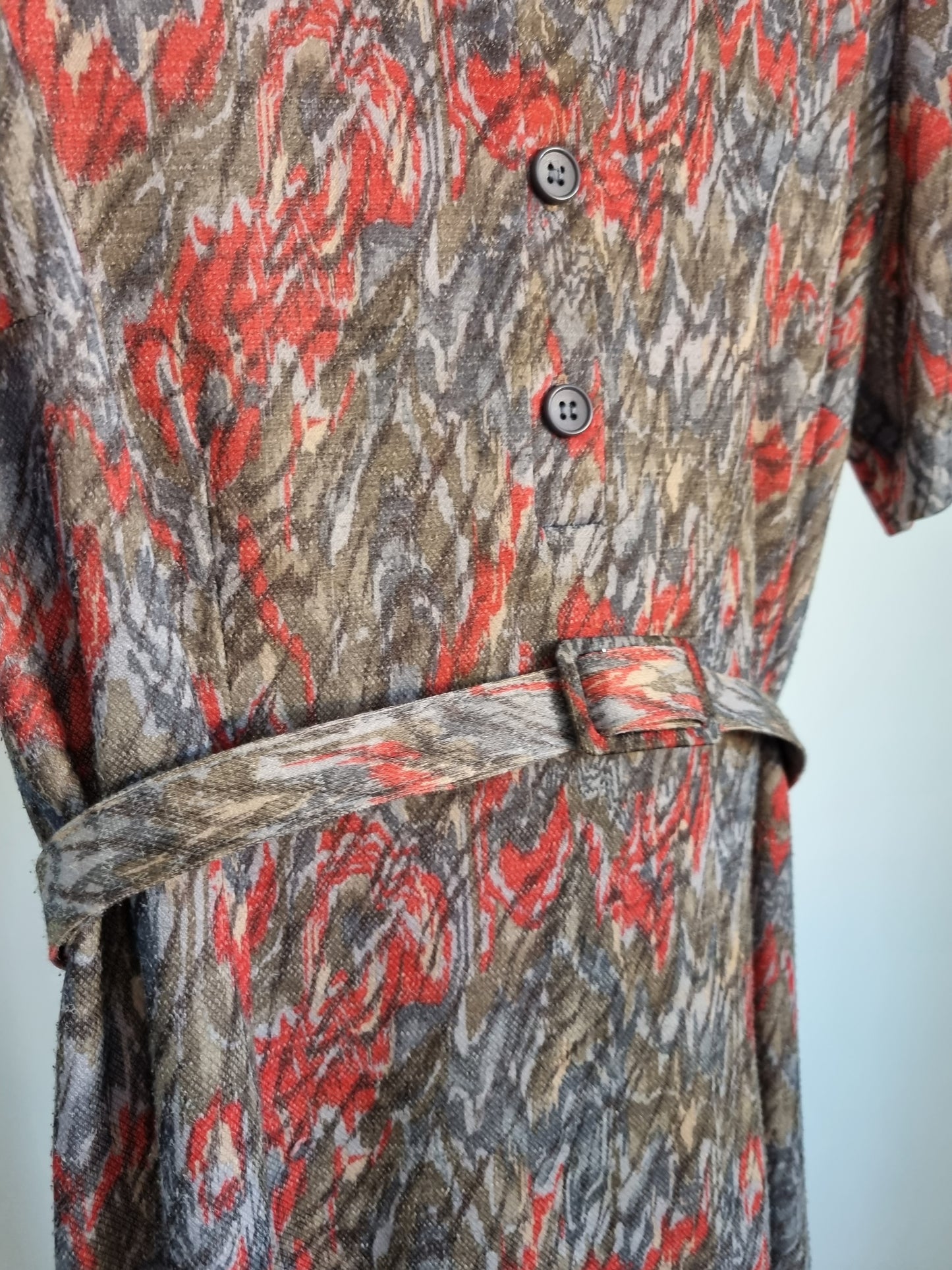 DL Barron Vintage Red and Green Patterned Half Button Day Dress UK 16 - Vintage Appreciation Society