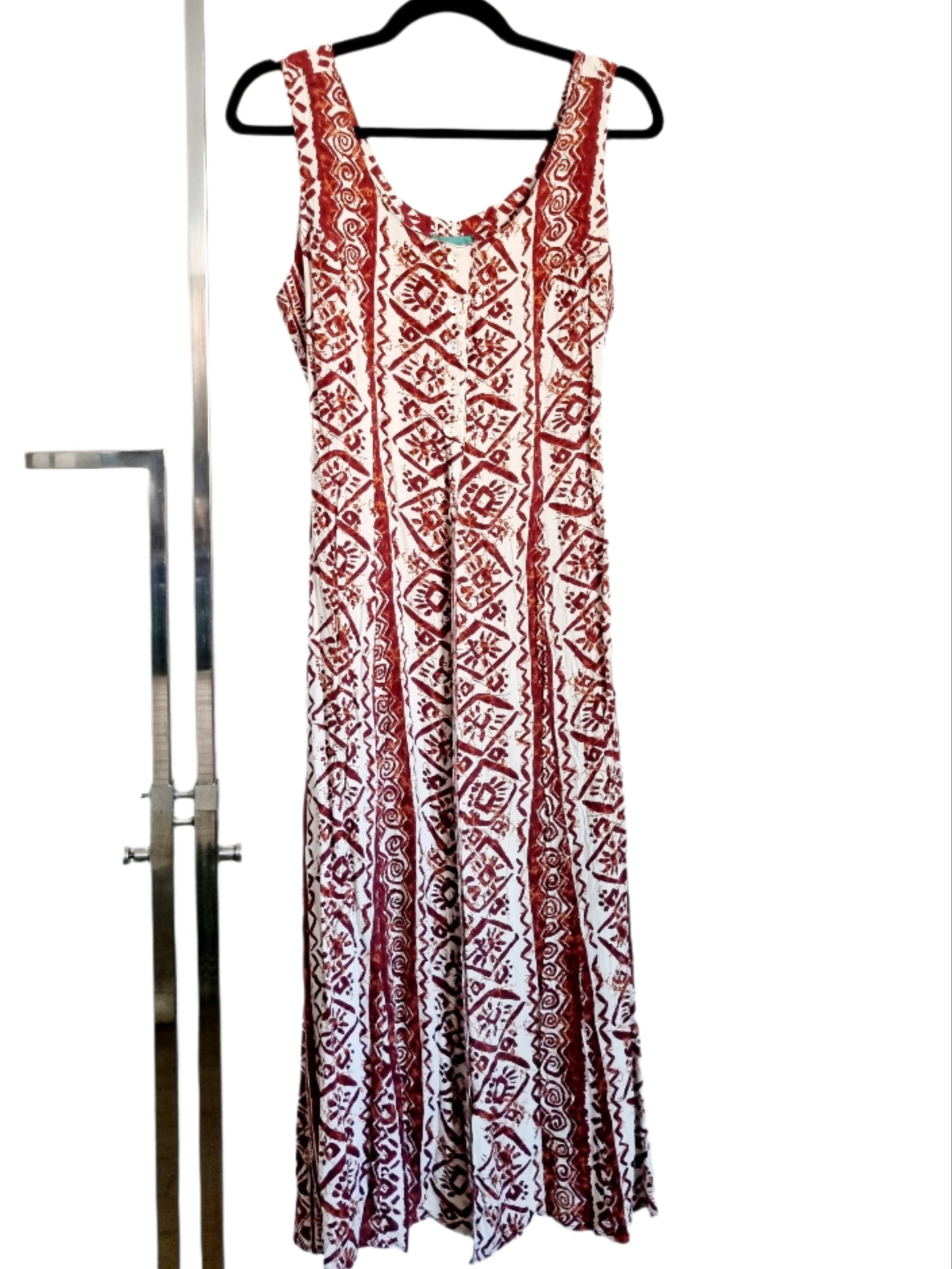 C and A Midsize Button Down Brown & White Aztec Pattern Summer Vintage Dress UK 14 - Vintage Appreciation Society
