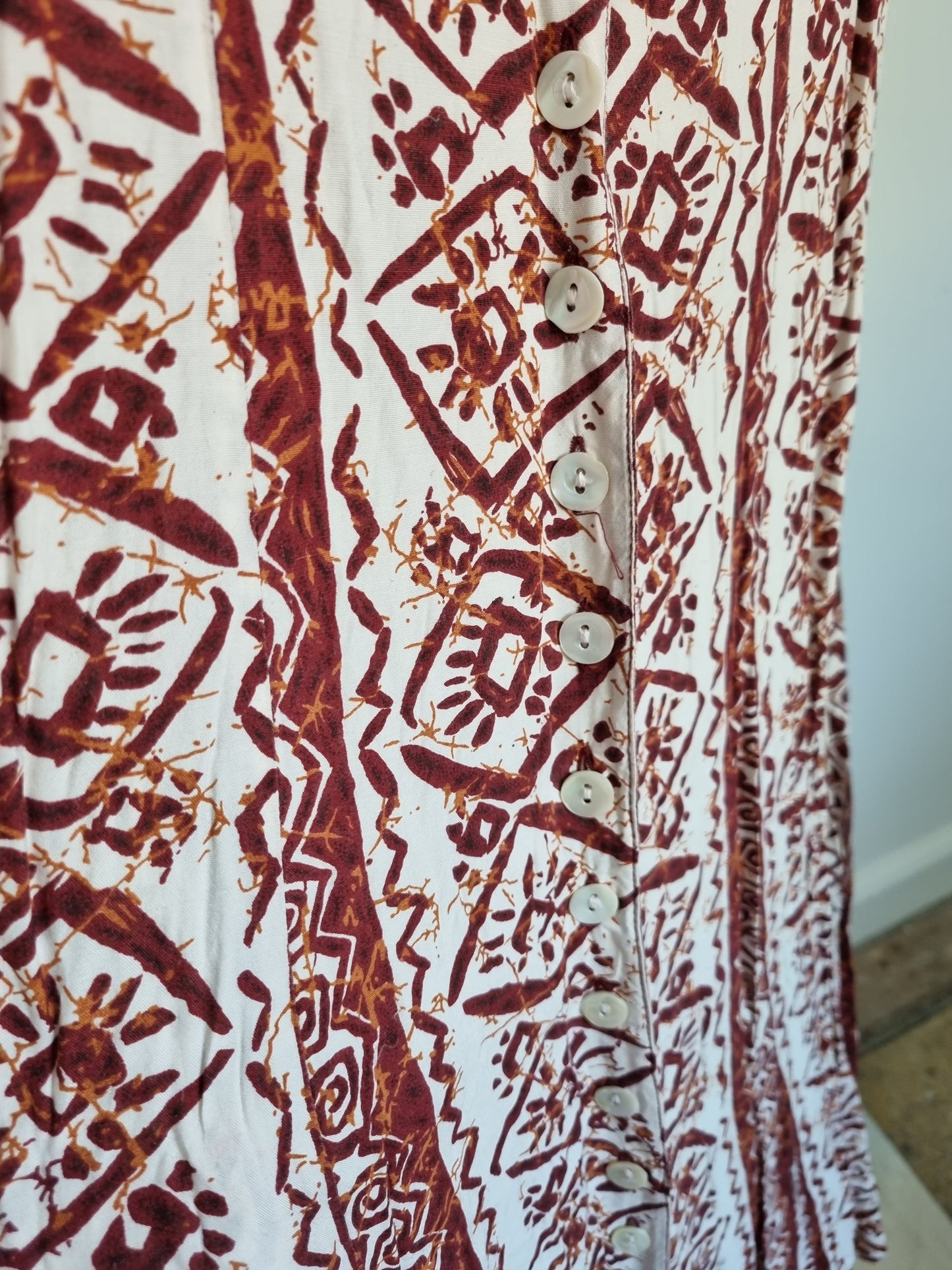 C and A Midsize Button Down Brown & White Aztec Pattern Summer Vintage Dress UK 14 - Vintage Appreciation Society