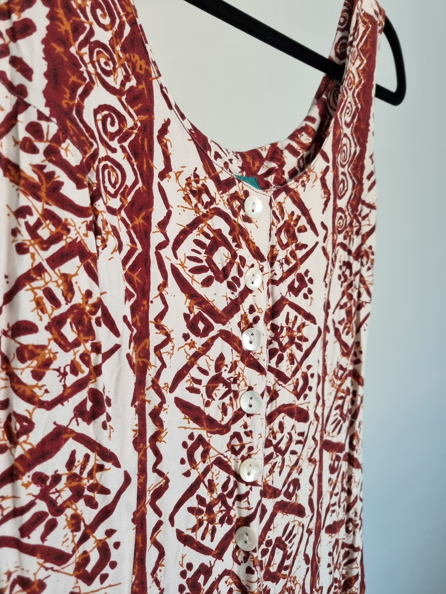 C and A Midsize Button Down Brown & White Aztec Pattern Summer Vintage Dress UK 14 - Vintage Appreciation Society