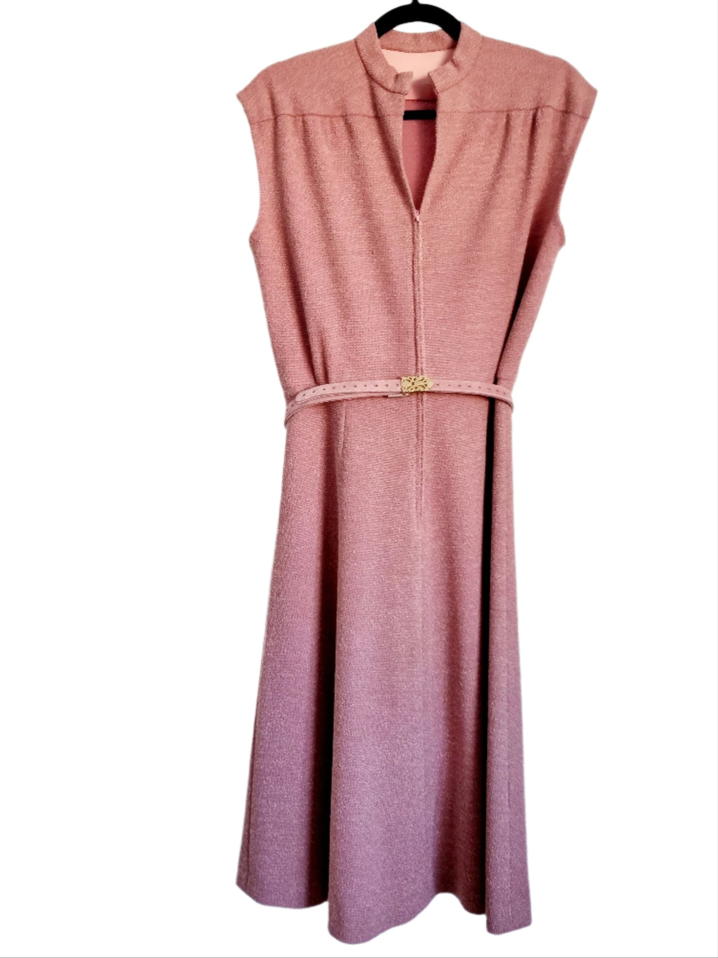 Vintage Dusty Pink V Neckline Smart Textured Dress with Original Belt UK16 - Vintage Appreciation Society