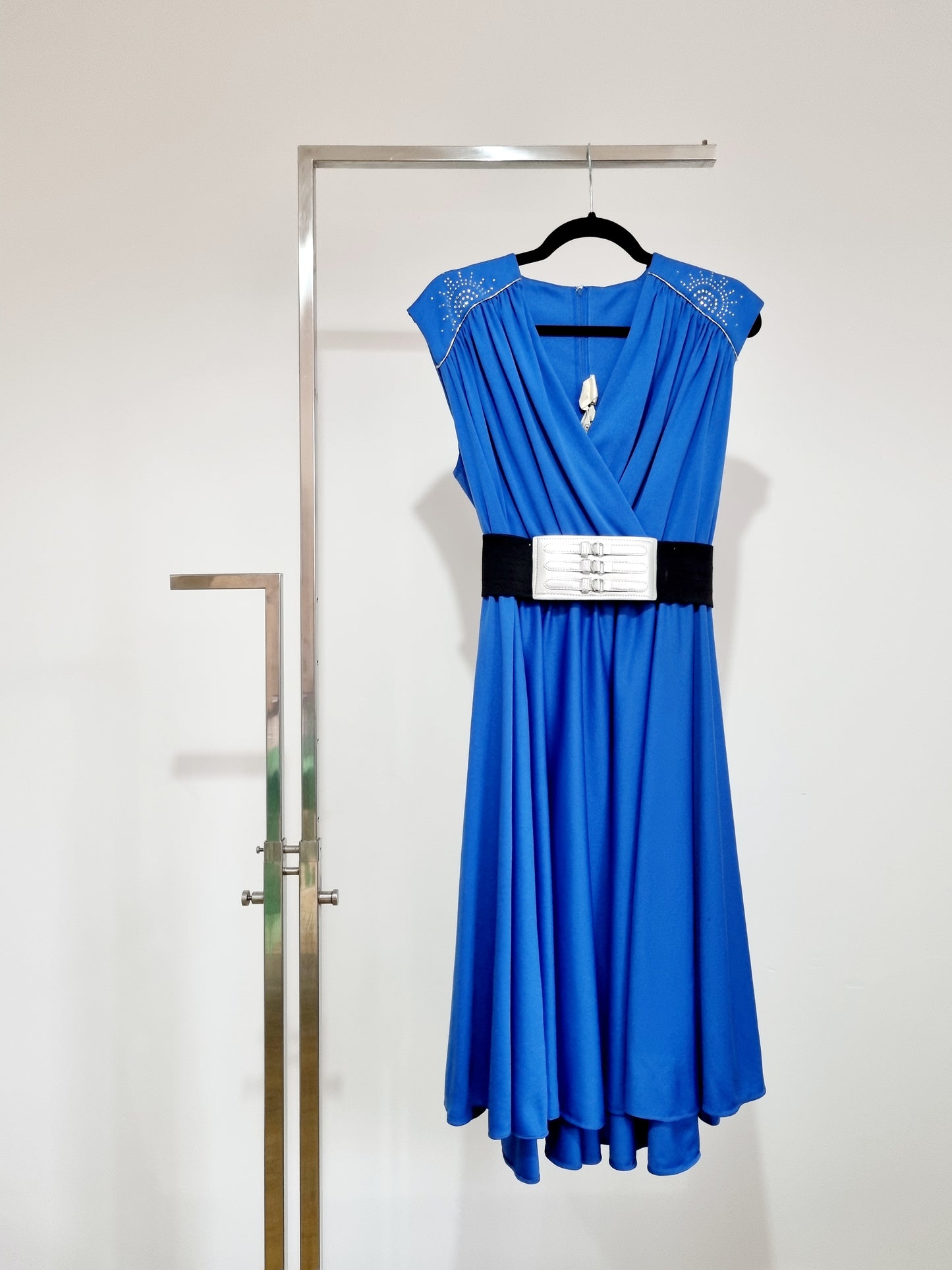 Vintage After Six Plunge Neck Electric Blue Prom Dress UK 16