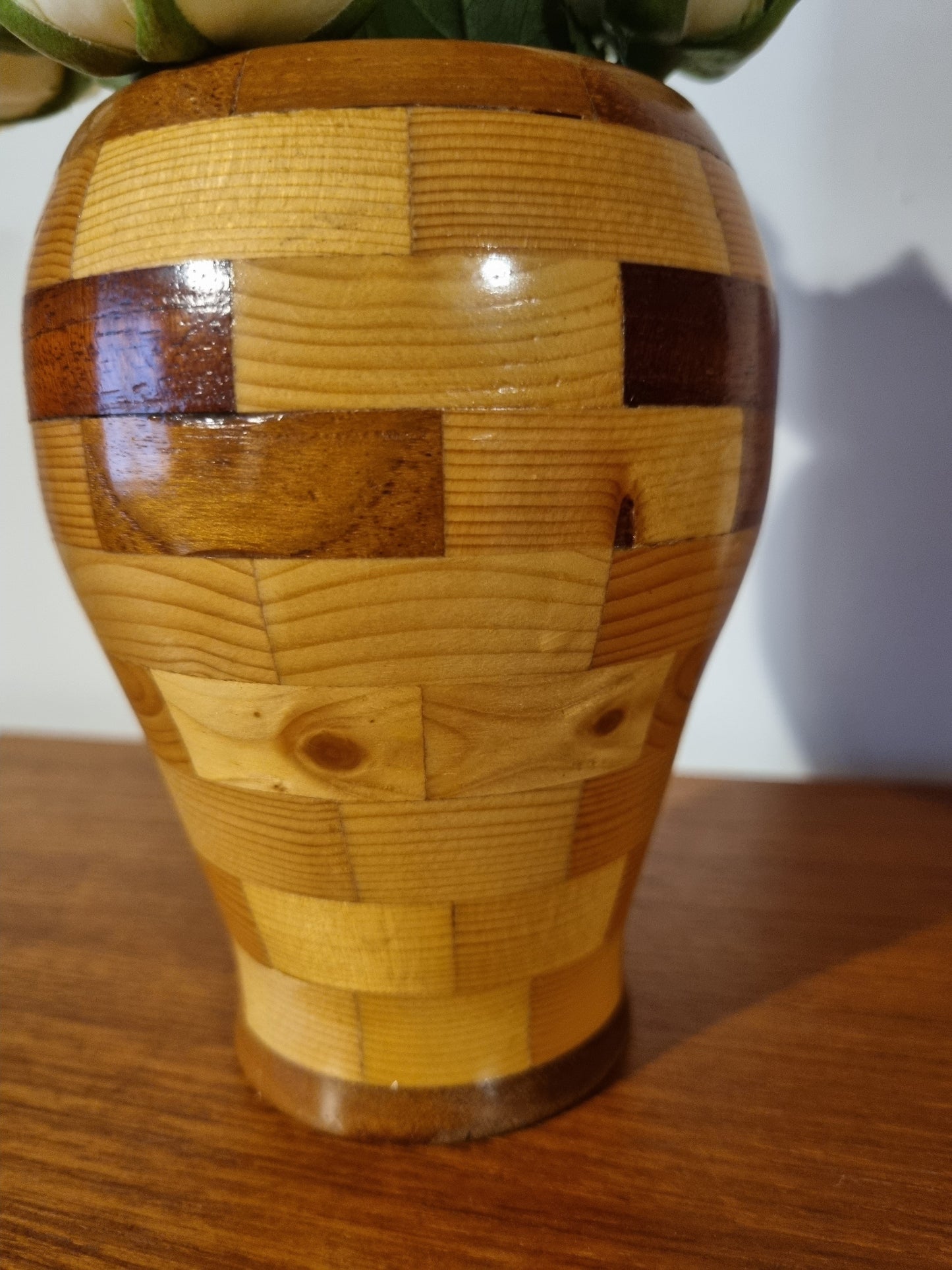 Vase Segmented Checkerboard Contrast Tones Handmade Vintage Wood