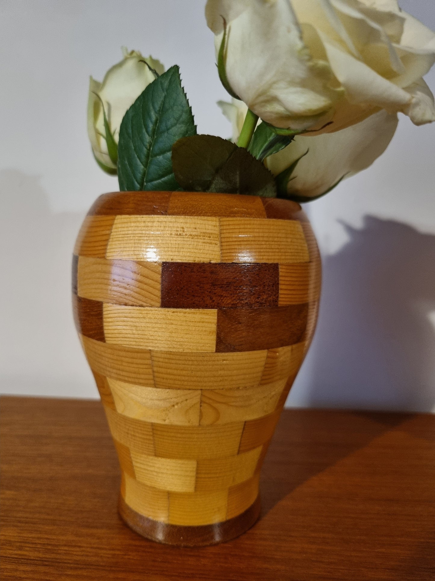 Vase Segmented Checkerboard Contrast Tones Handmade Vintage Wood