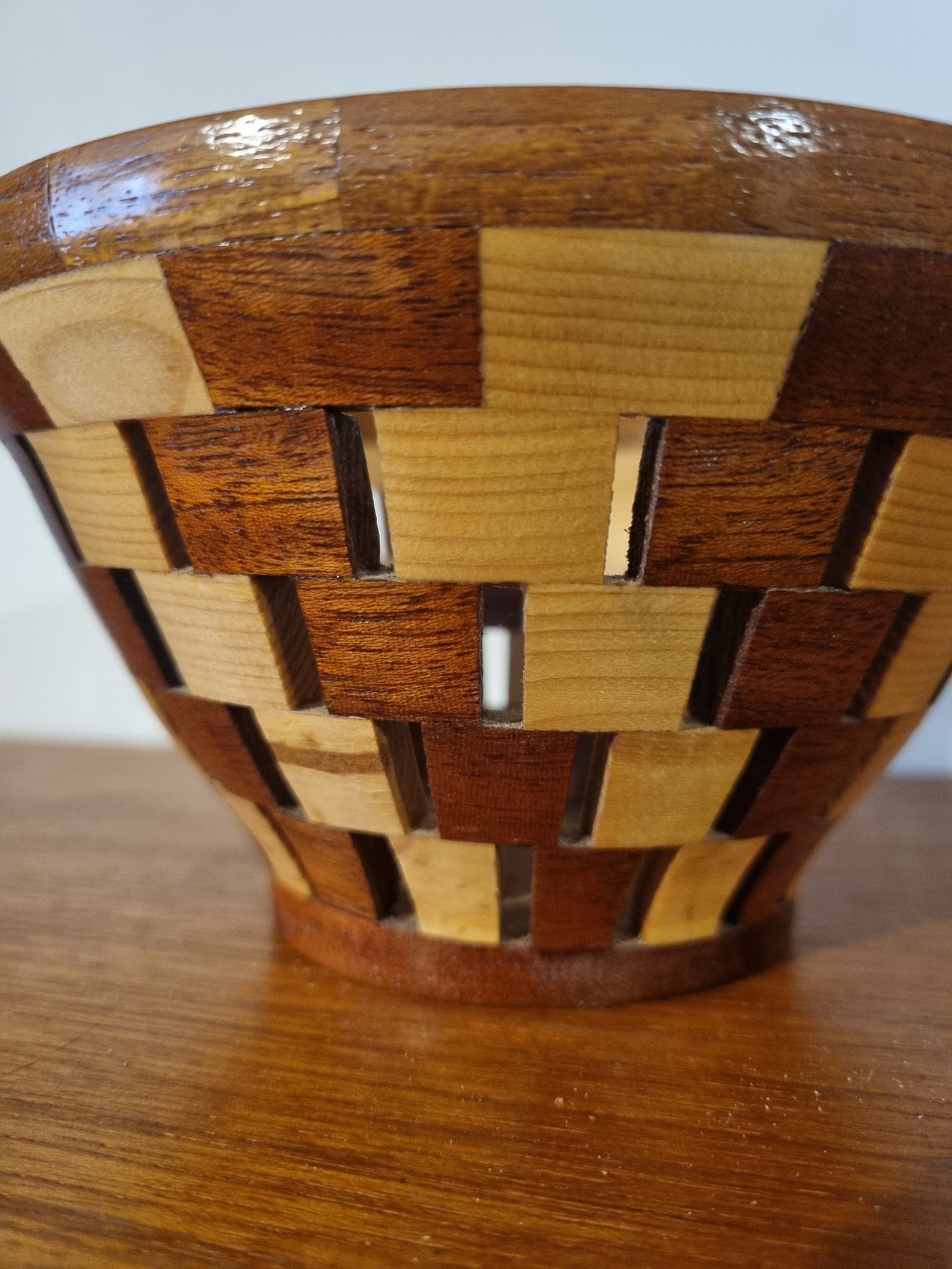 Bowl Cut Out Segmented Checkerboard Two Tone Handmade Vintage Decor