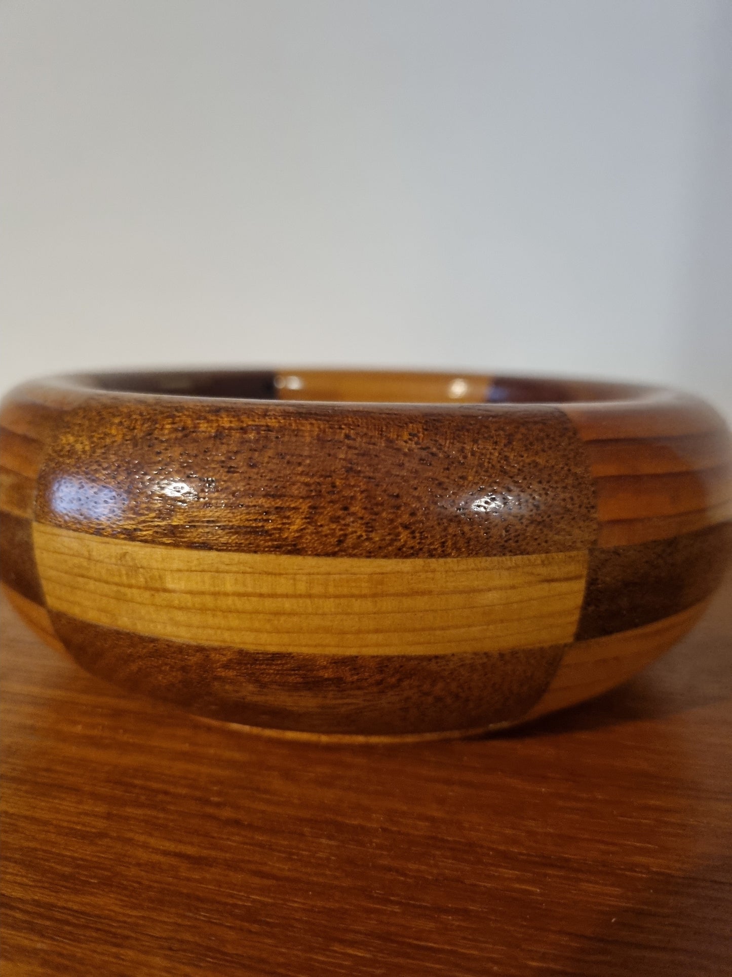 Handmade Vintage Bowl Mid Century Two Tone Checkerboard Wood