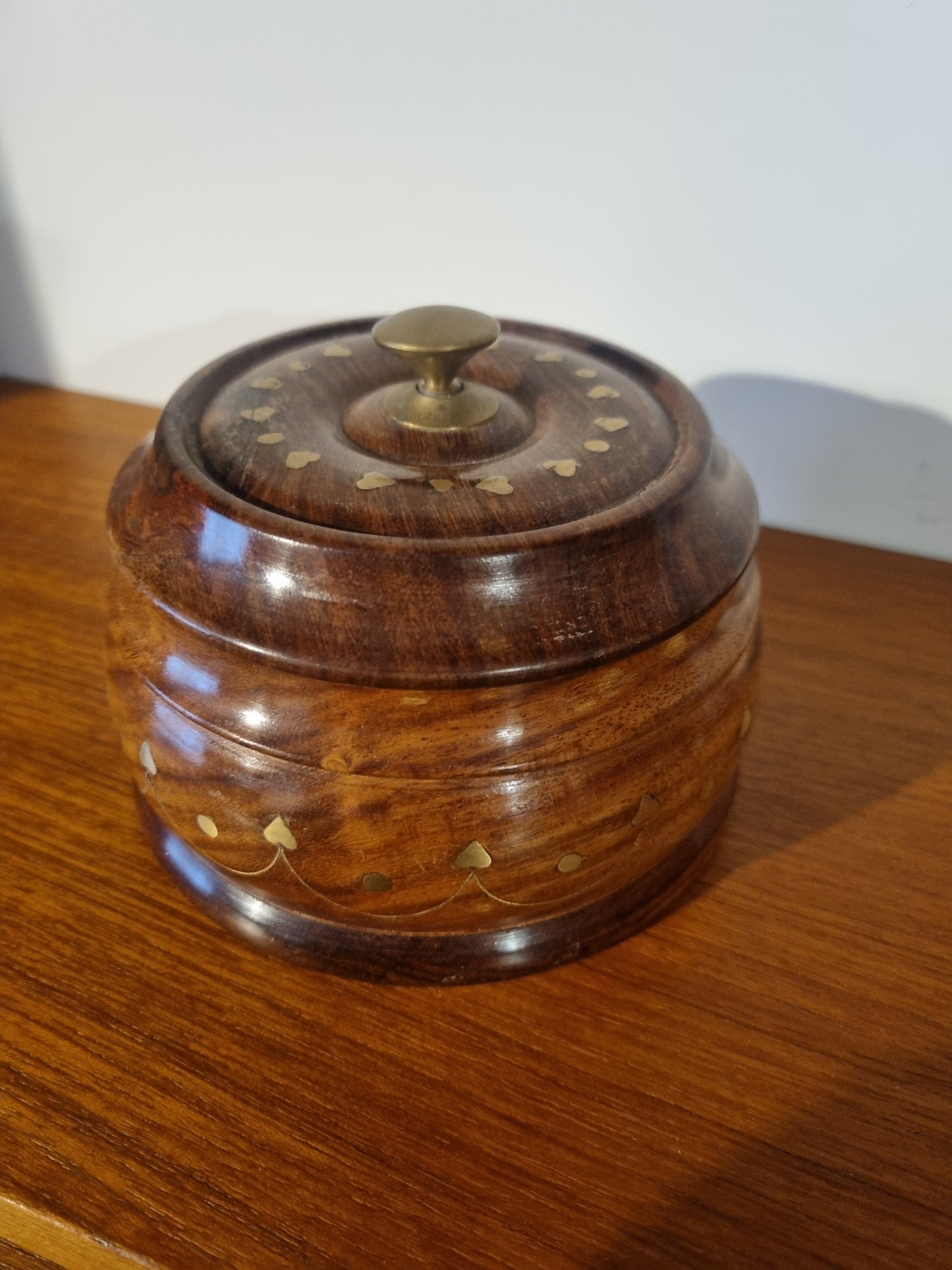 Lidded Trinket Pot Brass Heart Inlay Handmade Vintage Wood