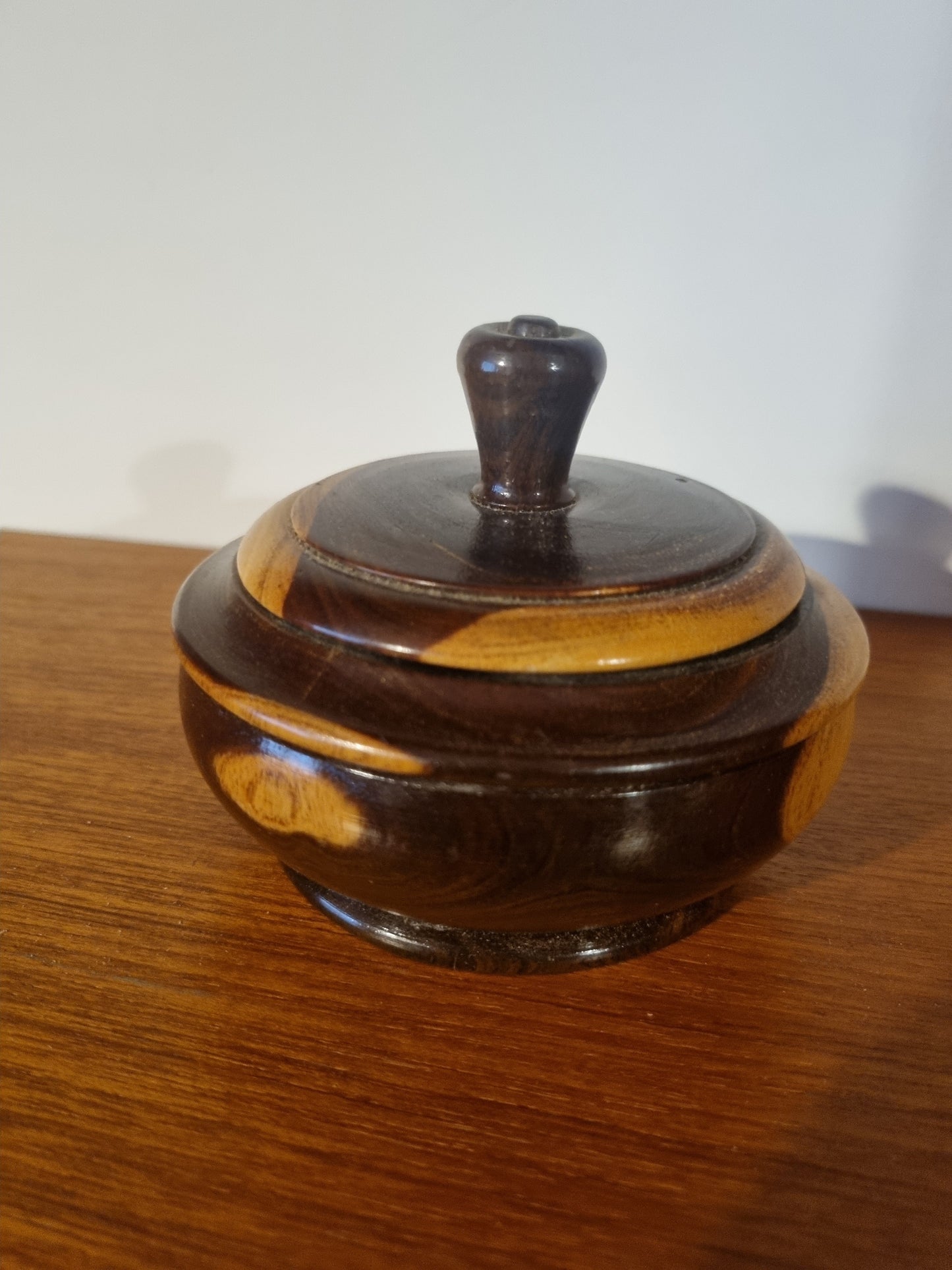 Lidded Trinket Pot Round Two Tone Handmade Vintage Viking Wood