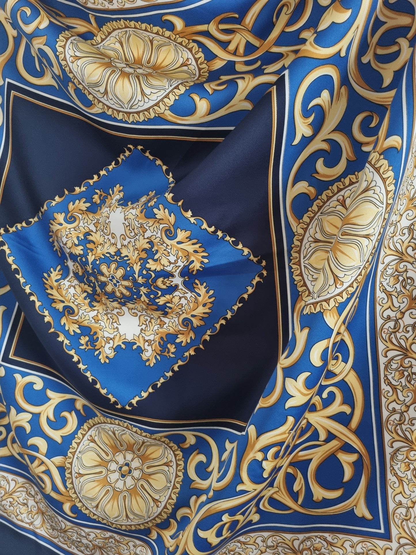 Vintage Italian Scarf Blue and Gold Polyester 100cmx100cm