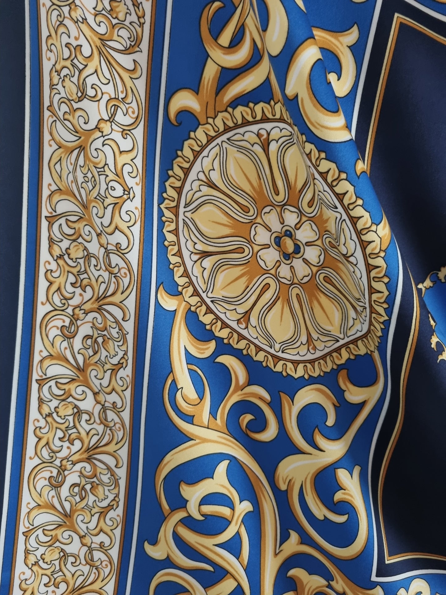 Vintage Italian Scarf Blue and Gold Polyester 100cmx100cm