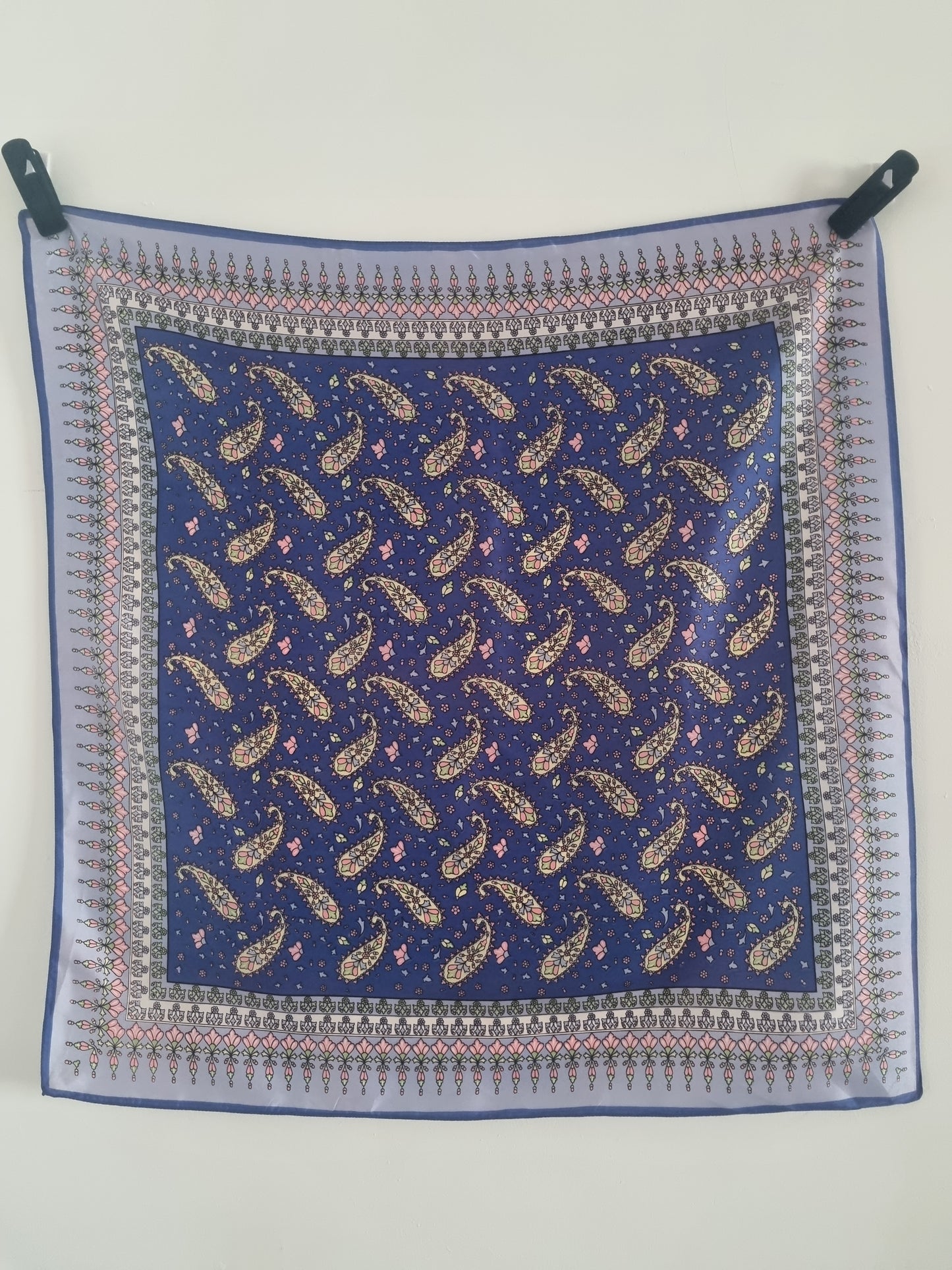 Vintage Blue Paisley 1960s Scarf Polyester 68cmx68cm