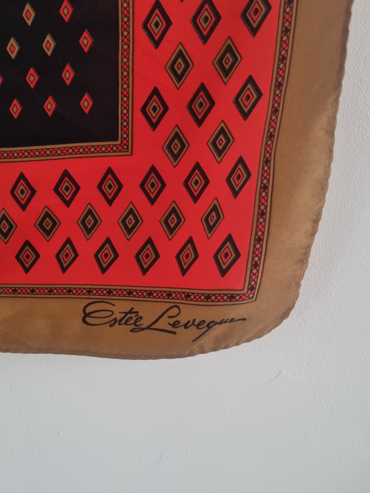 Vintage Estee Leveque Gold Silk Mix Diamond Gold Handrolled Scarf 63cmx63cm