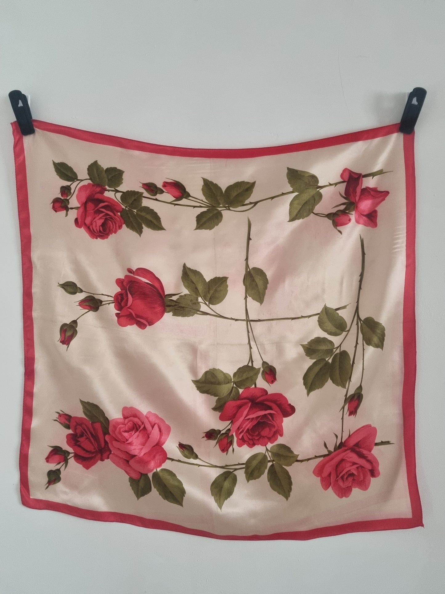 Vintage St Michael Rose Print Satin Foulard Scarf Italian 68cmx68cm