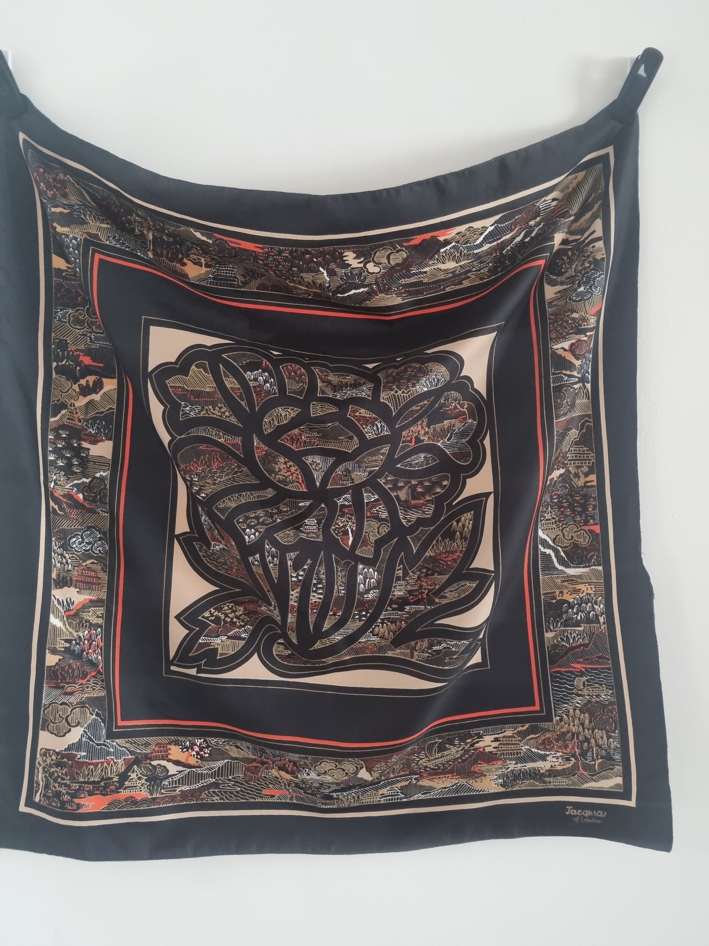 Vintage Jacqmar of London Black Oriential Scenes Polyester Scarf 79cmx79cm