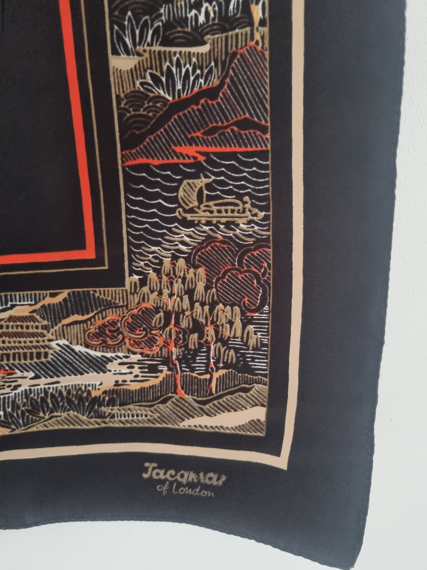 Vintage Jacqmar of London Black Oriential Scenes Polyester Scarf 79cmx79cm