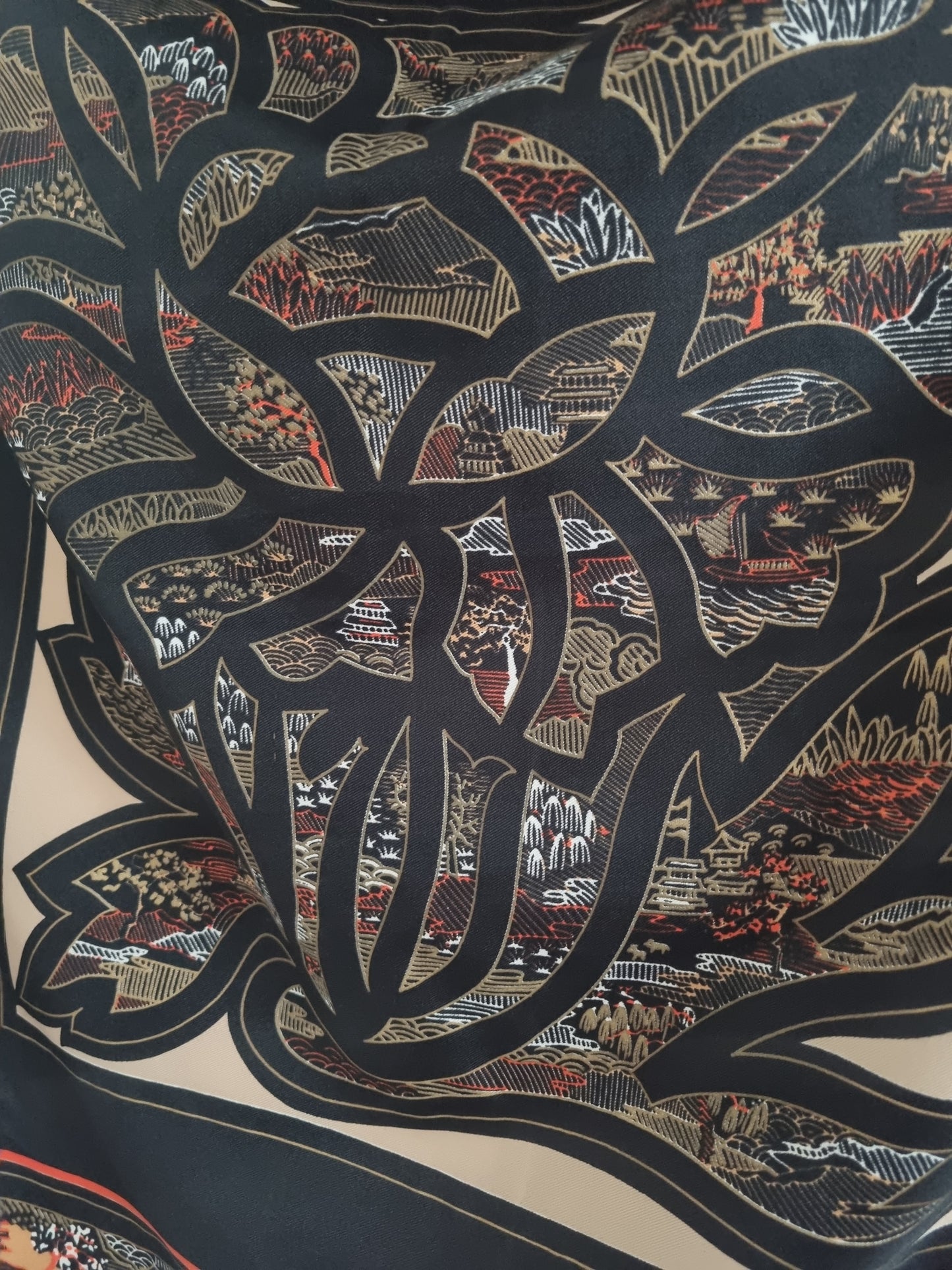 Vintage Jacqmar of London Black Oriential Scenes Polyester Scarf 79cmx79cm
