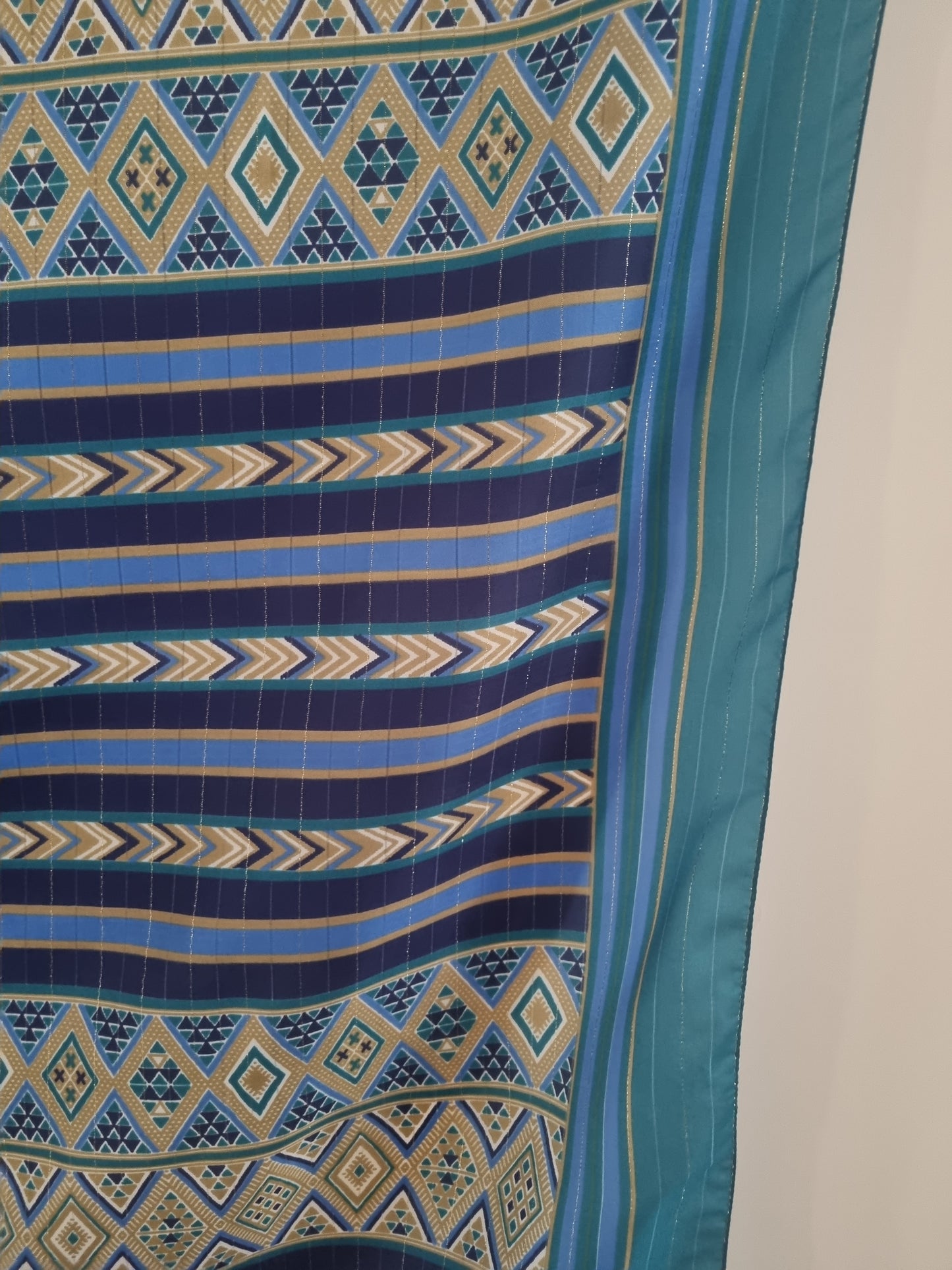 Vintage Blue Stripey Gold Thread Large Beach Sari Scarf Polyester Large 108cmx108cm