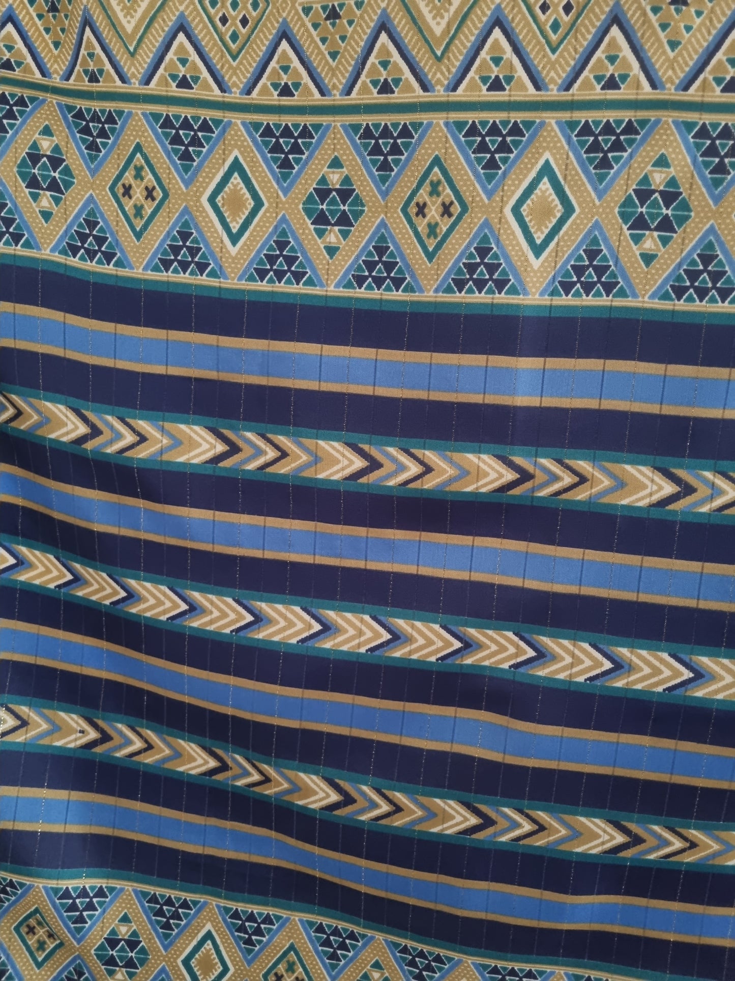 Vintage Blue Stripey Gold Thread Large Beach Sari Scarf Polyester Large 108cmx108cm