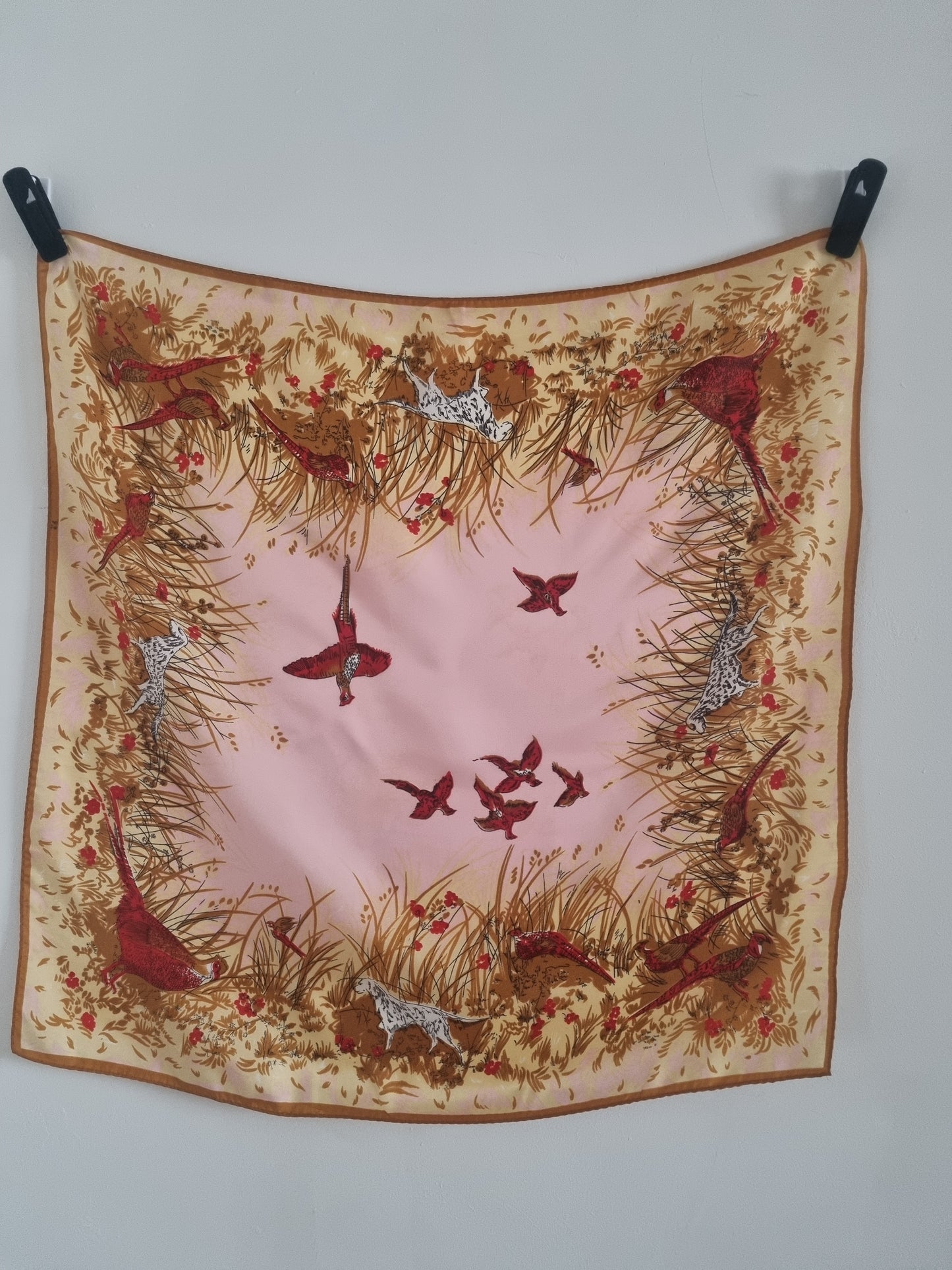 Vintage Hunting Pheasant Scarf and Dog Scene Pink and Gold 67cmx67cm