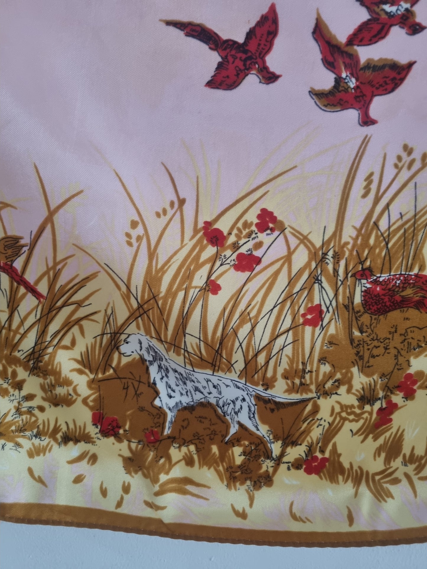 Vintage Hunting Pheasant Scarf and Dog Scene Pink and Gold 67cmx67cm