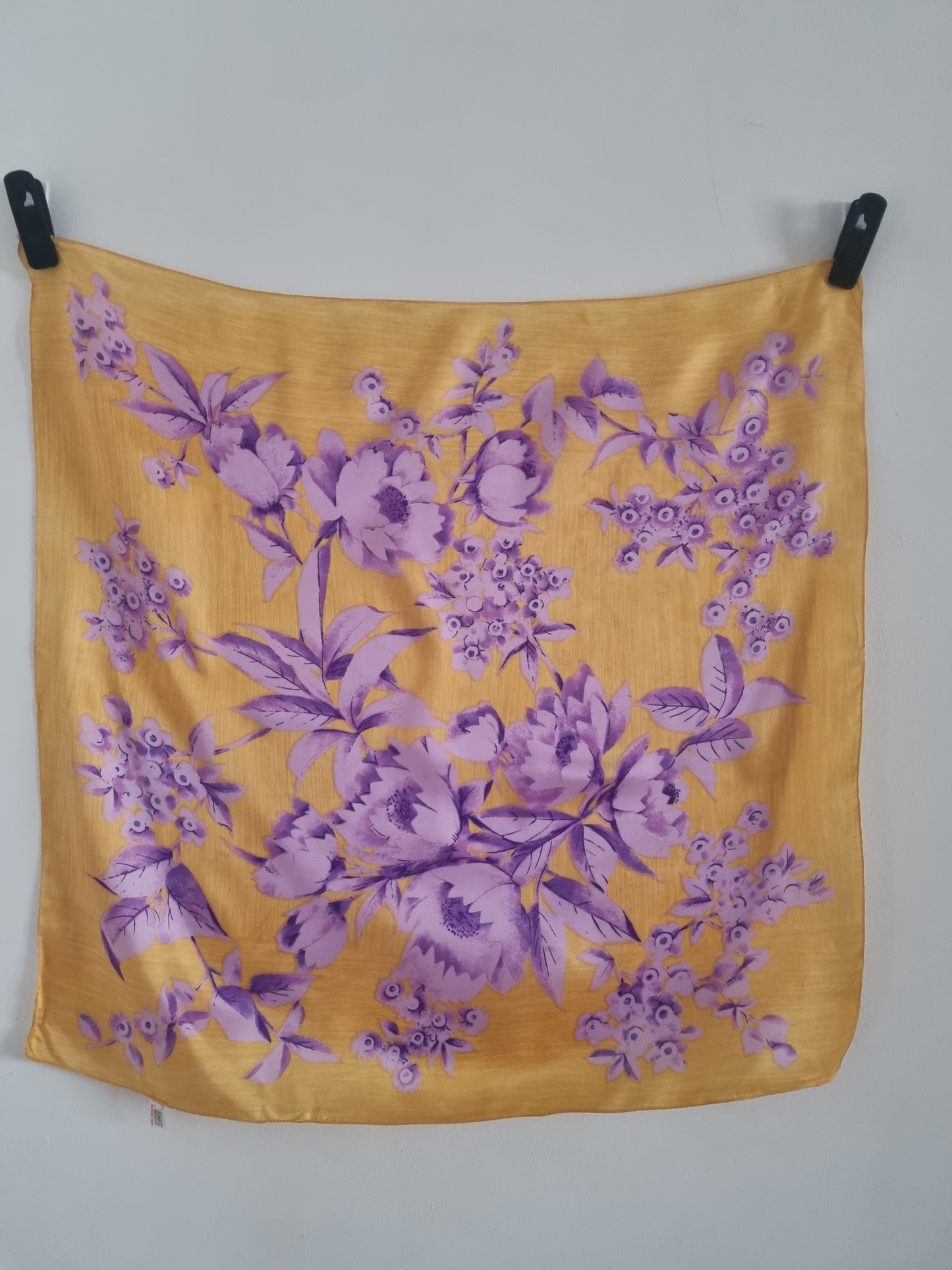 Vintage St Michael Italian Rayon Scarf Yellow and Purple Flowers 67cmx67cm