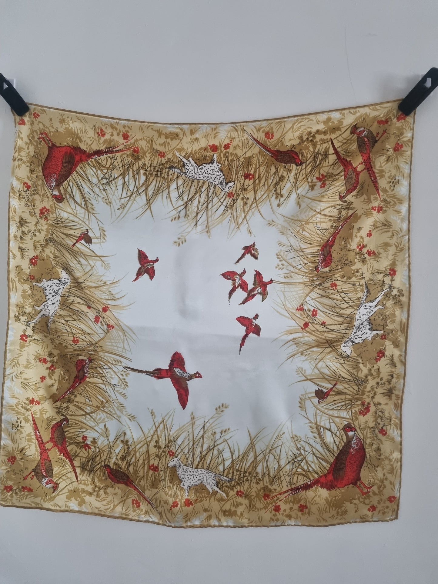 Vintage Hunting Scene Scarf Pheasants and Dogs Silk and handrolled 64cmx64cm