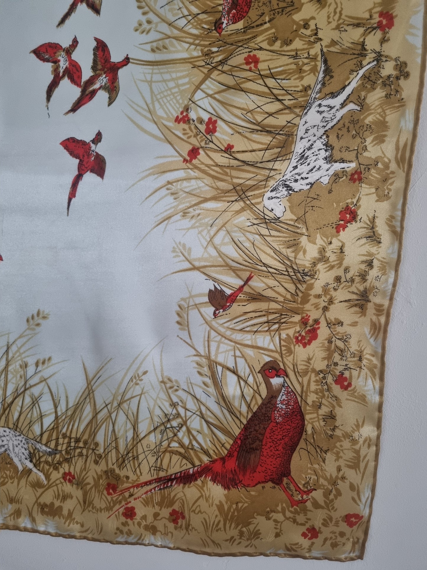 Vintage Hunting Scene Scarf Pheasants and Dogs Silk and handrolled 64cmx64cm
