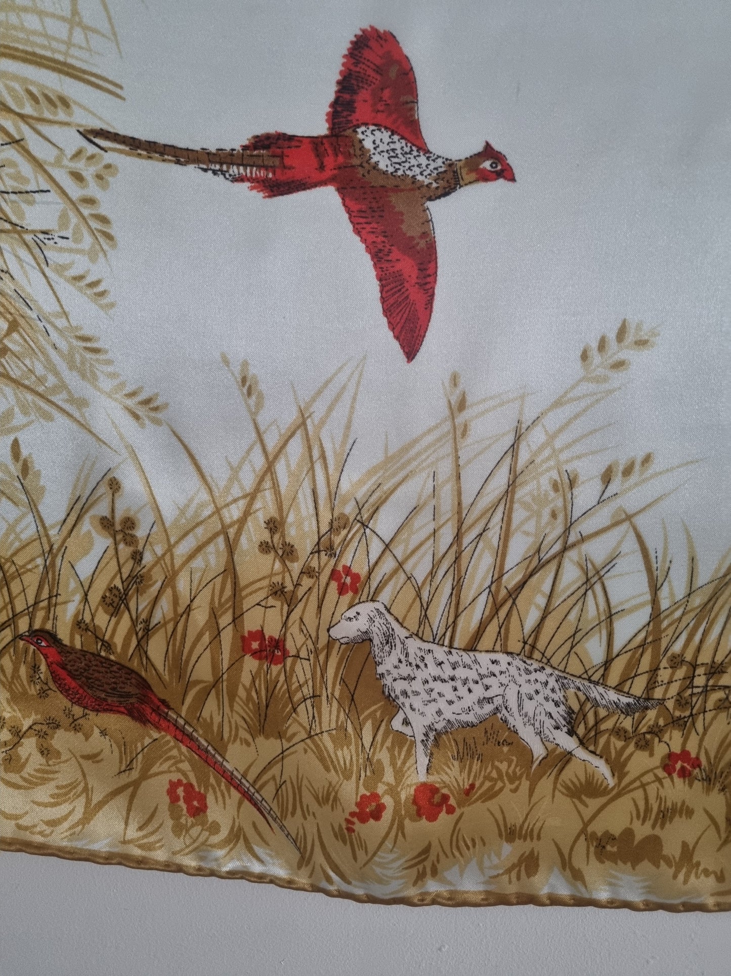 Vintage Hunting Scene Scarf Pheasants and Dogs Silk and handrolled 64cmx64cm