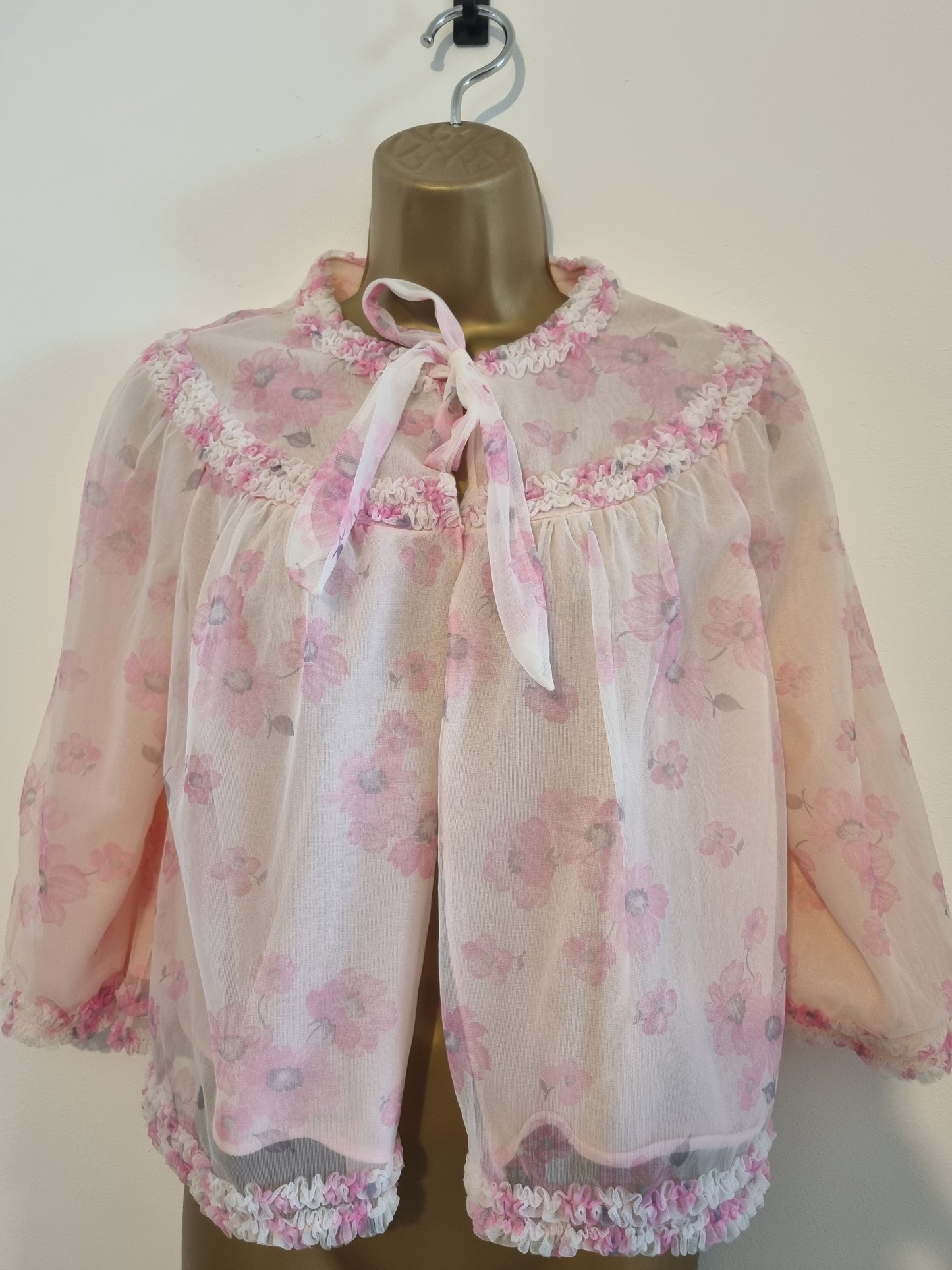 Vintage St Michael Pink Floral Cropped Ruffle Bed Jacket