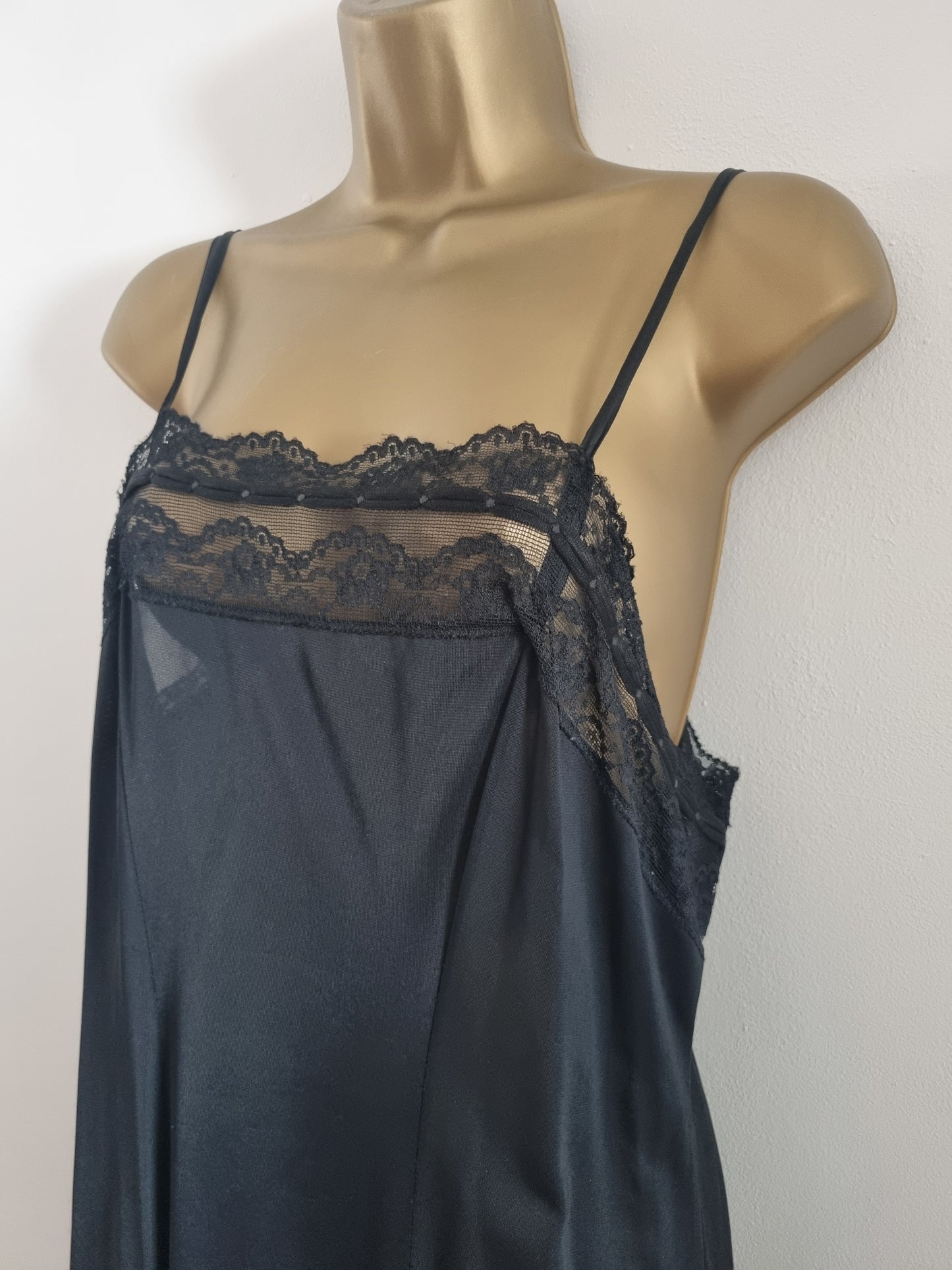 Vintage Black Mid Length Pleated and Lace 1920s Slip Dress