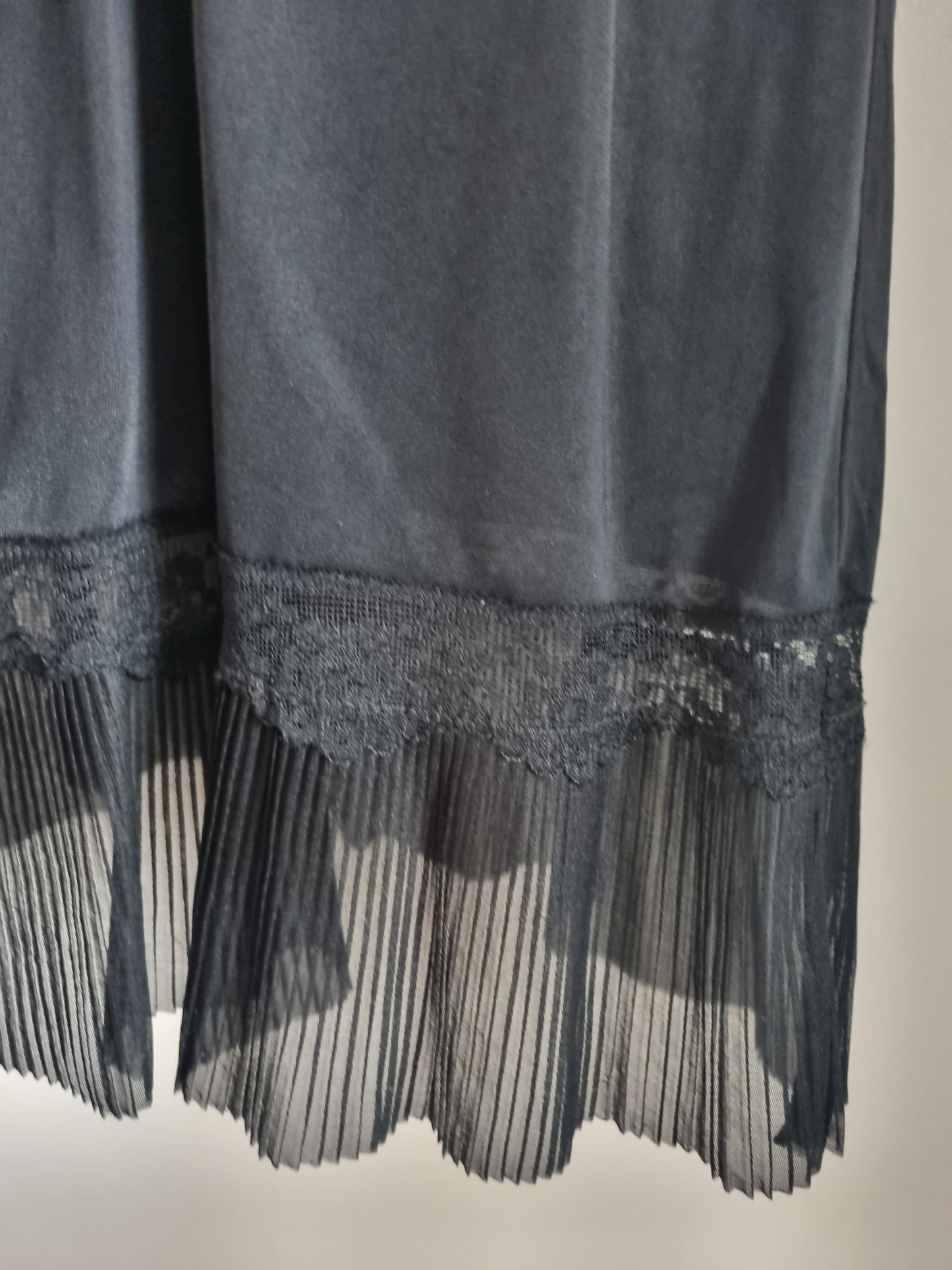 Vintage Black Mid Length Pleated and Lace 1920s Slip Dress