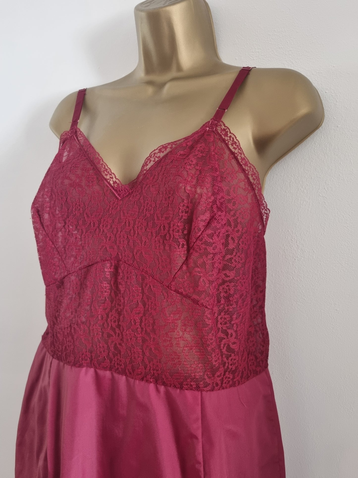 Slip Vintage Burgundy Wine Red Midi Dress with Lace Bust