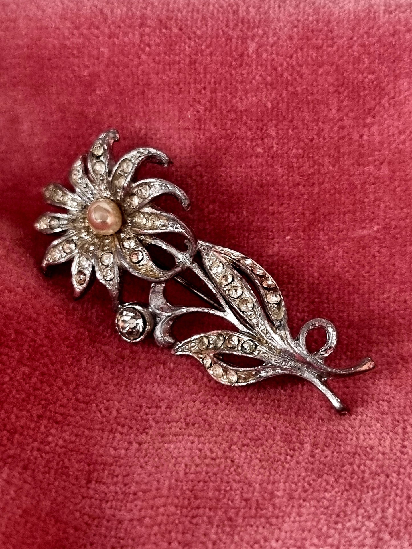 Vintage Brooch 835 Silver and Marcasite Flower Faux Pearl Floral