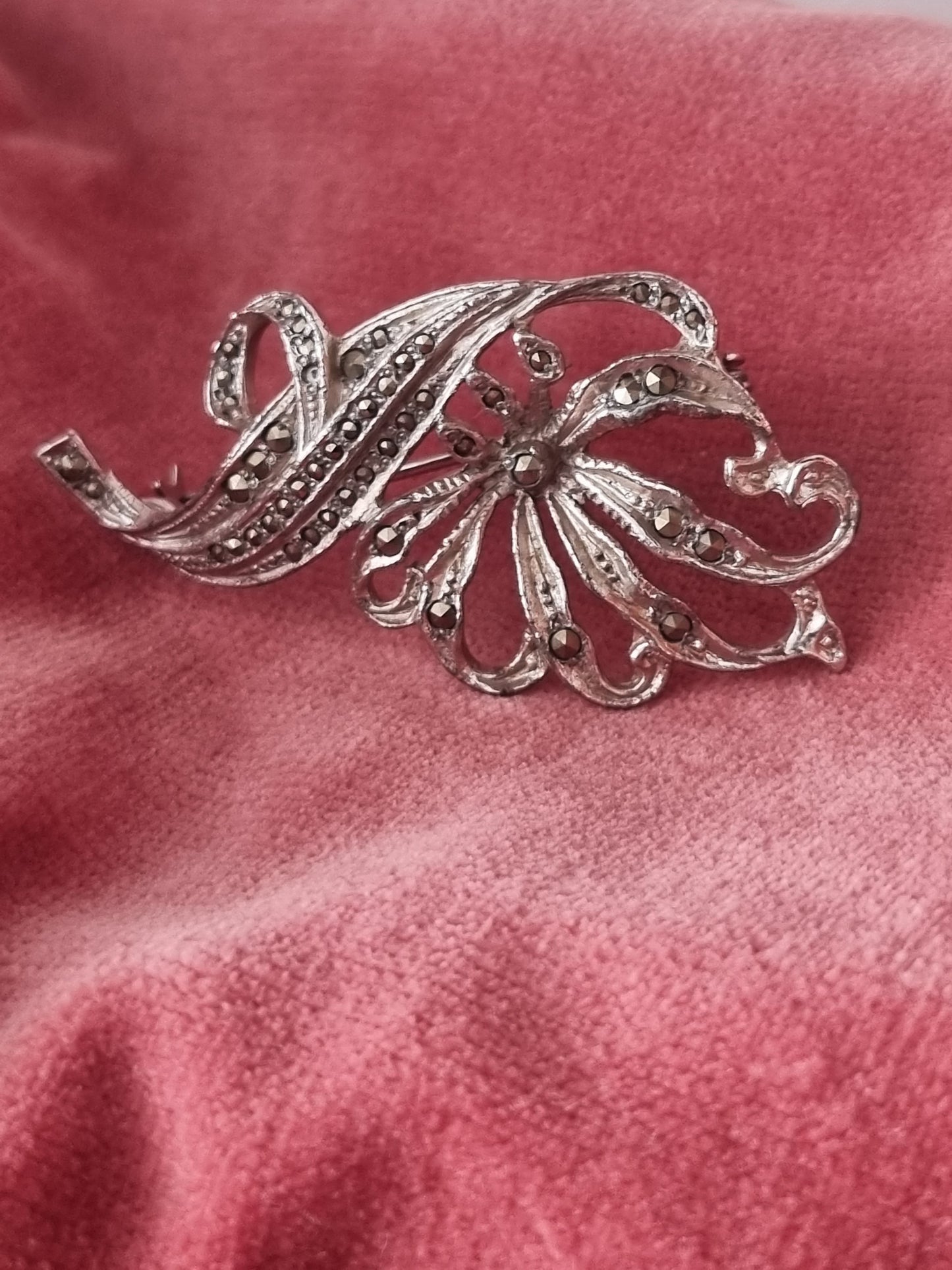 Vintage Brooch Sterling Silver Marcasite Bow Flower Floral 1950s Ribbon