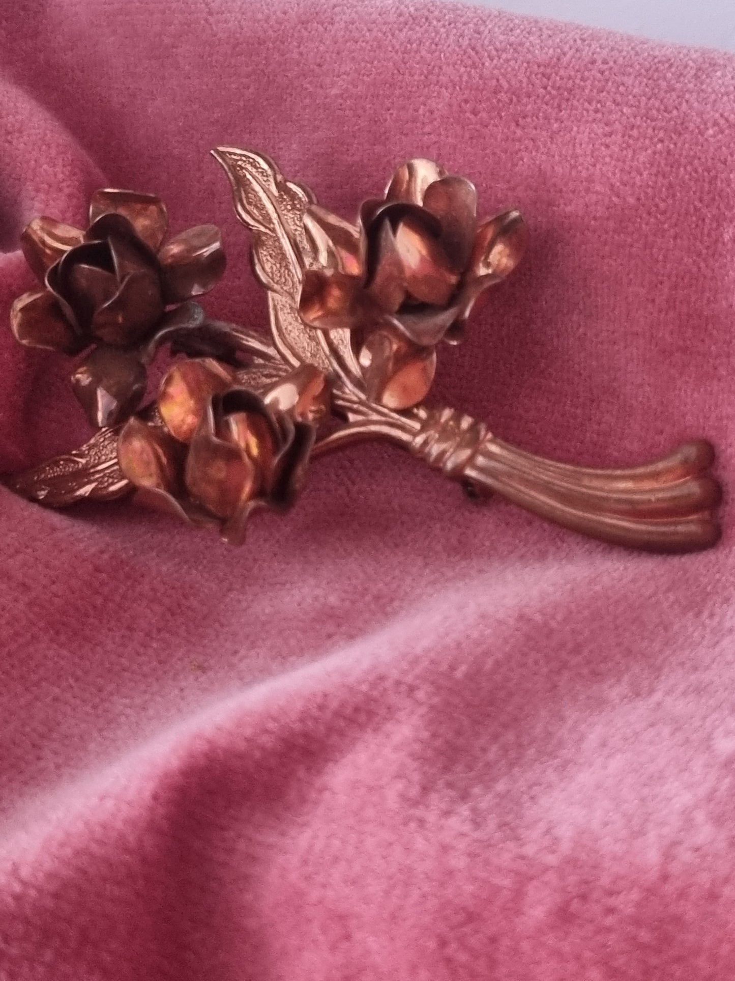 Vintage Brooch All Metal 1940s Rose Flower Floral Copper Colour
