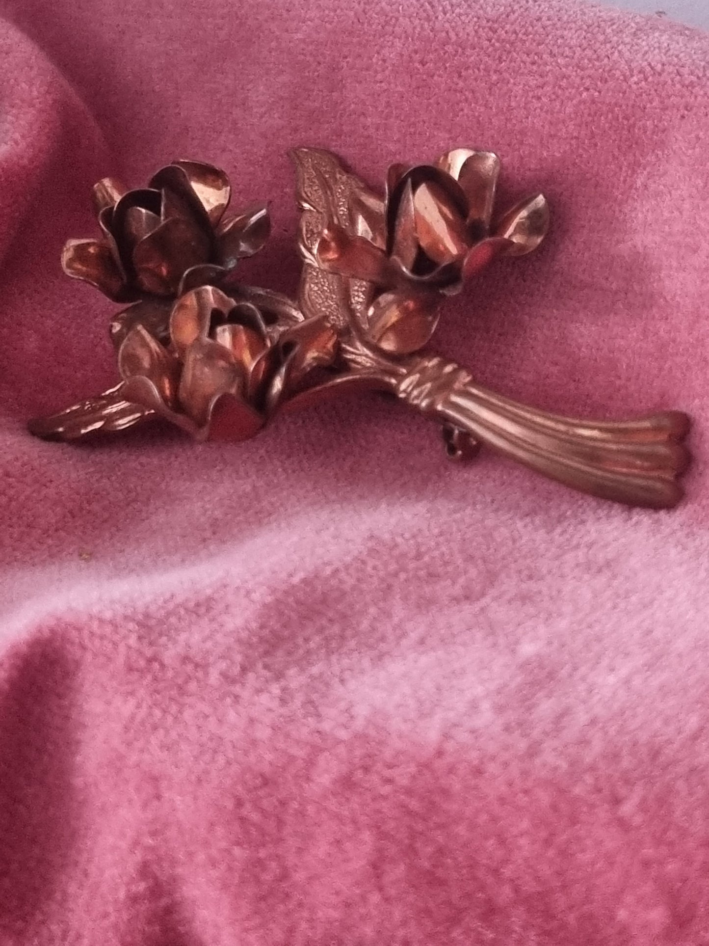 Vintage Brooch All Metal 1940s Rose Flower Floral Copper Colour