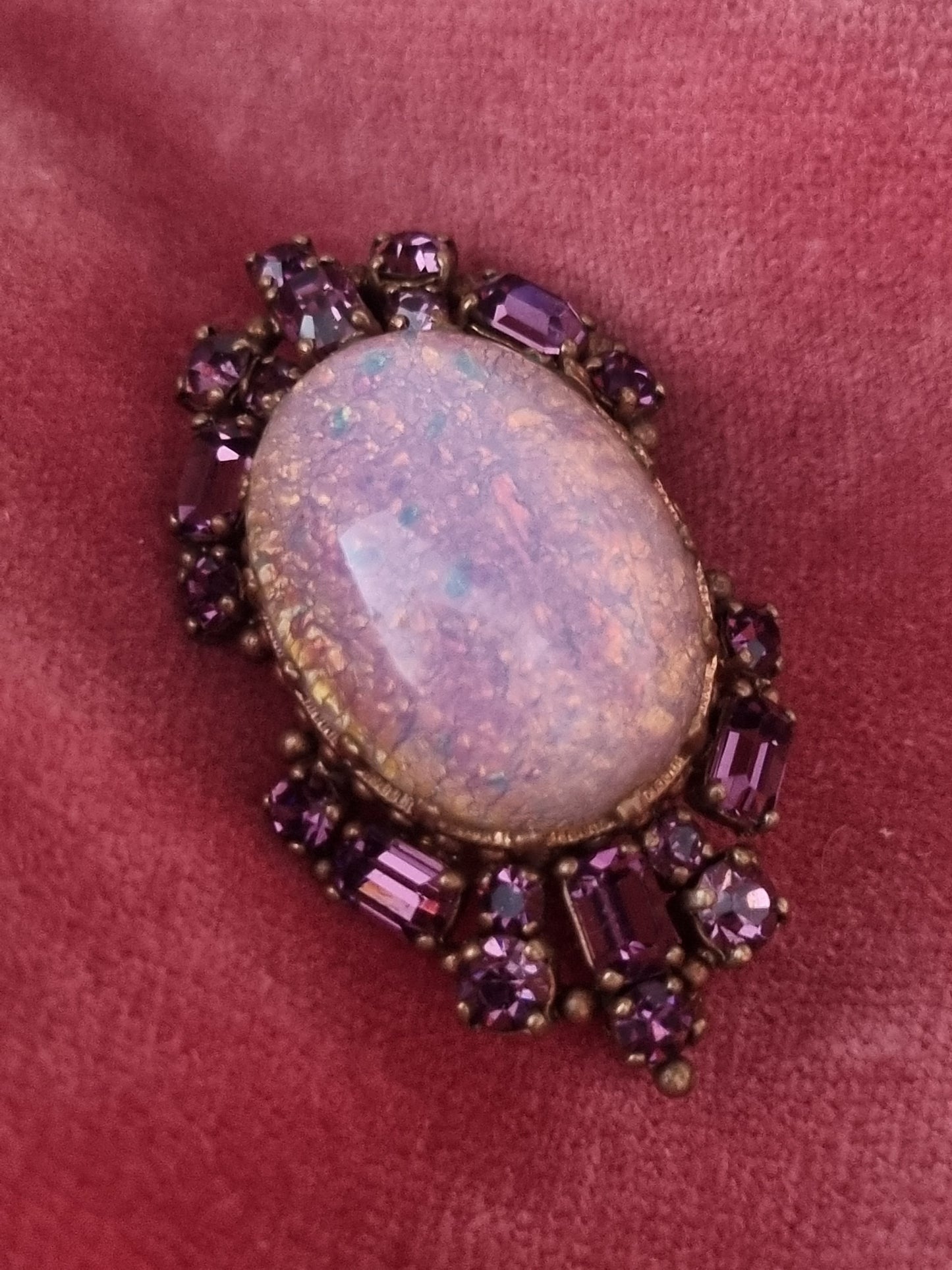 Vintage Brooch Large Opal Purple Glass Paste Stones Oval