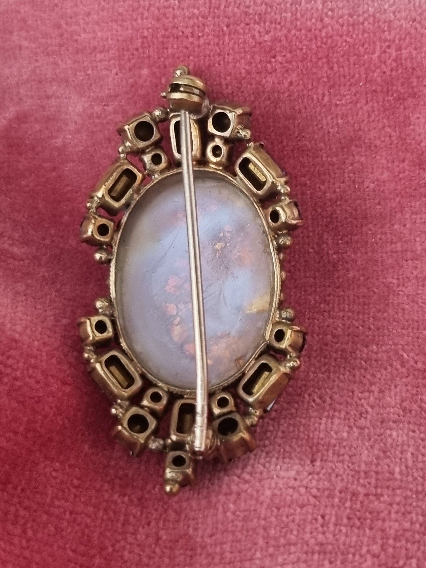 Vintage Brooch Large Opal Purple Glass Paste Stones Oval
