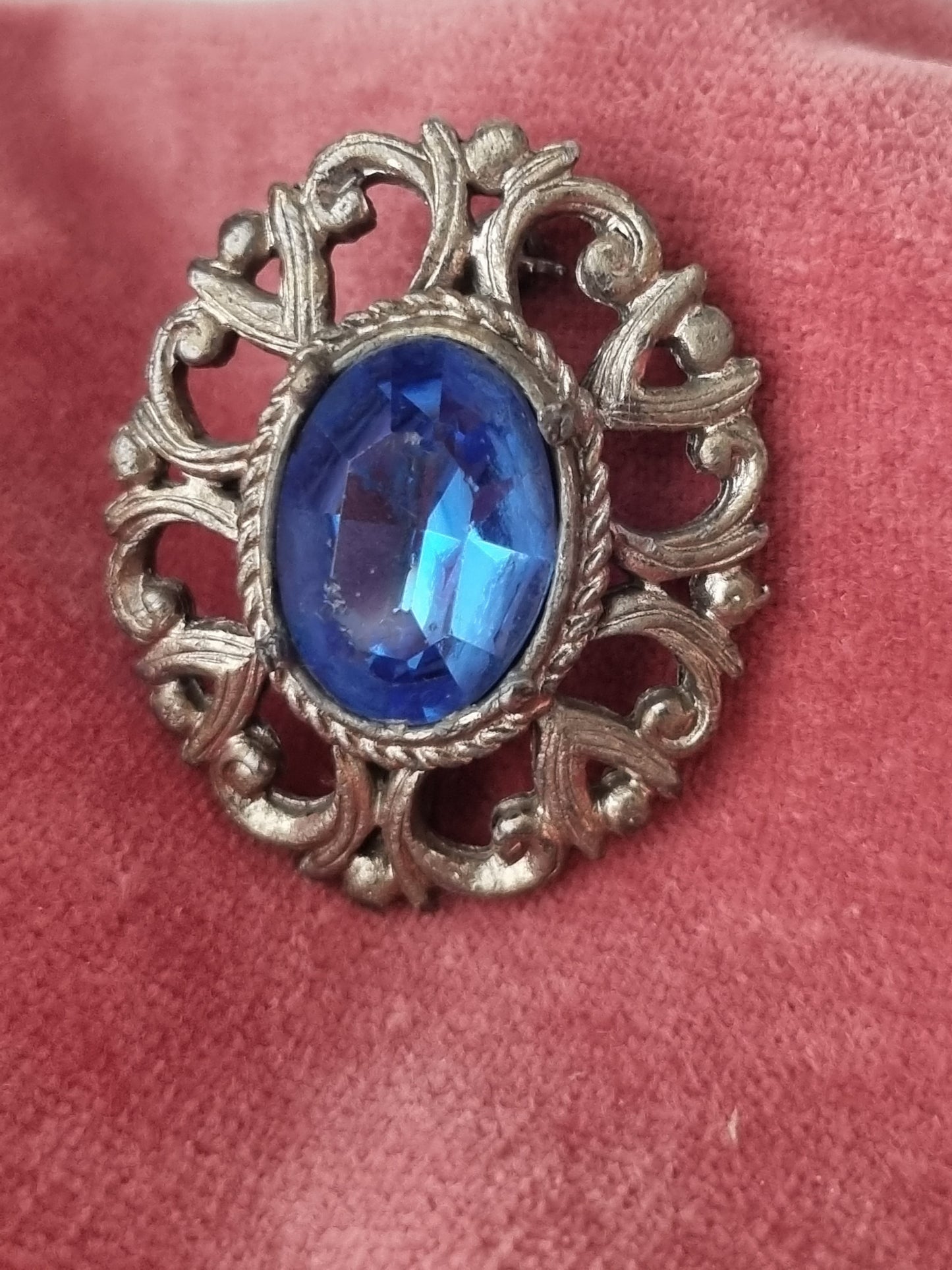 Vintage Brooch Silver Tone Art Nouveau Style Blue Glass