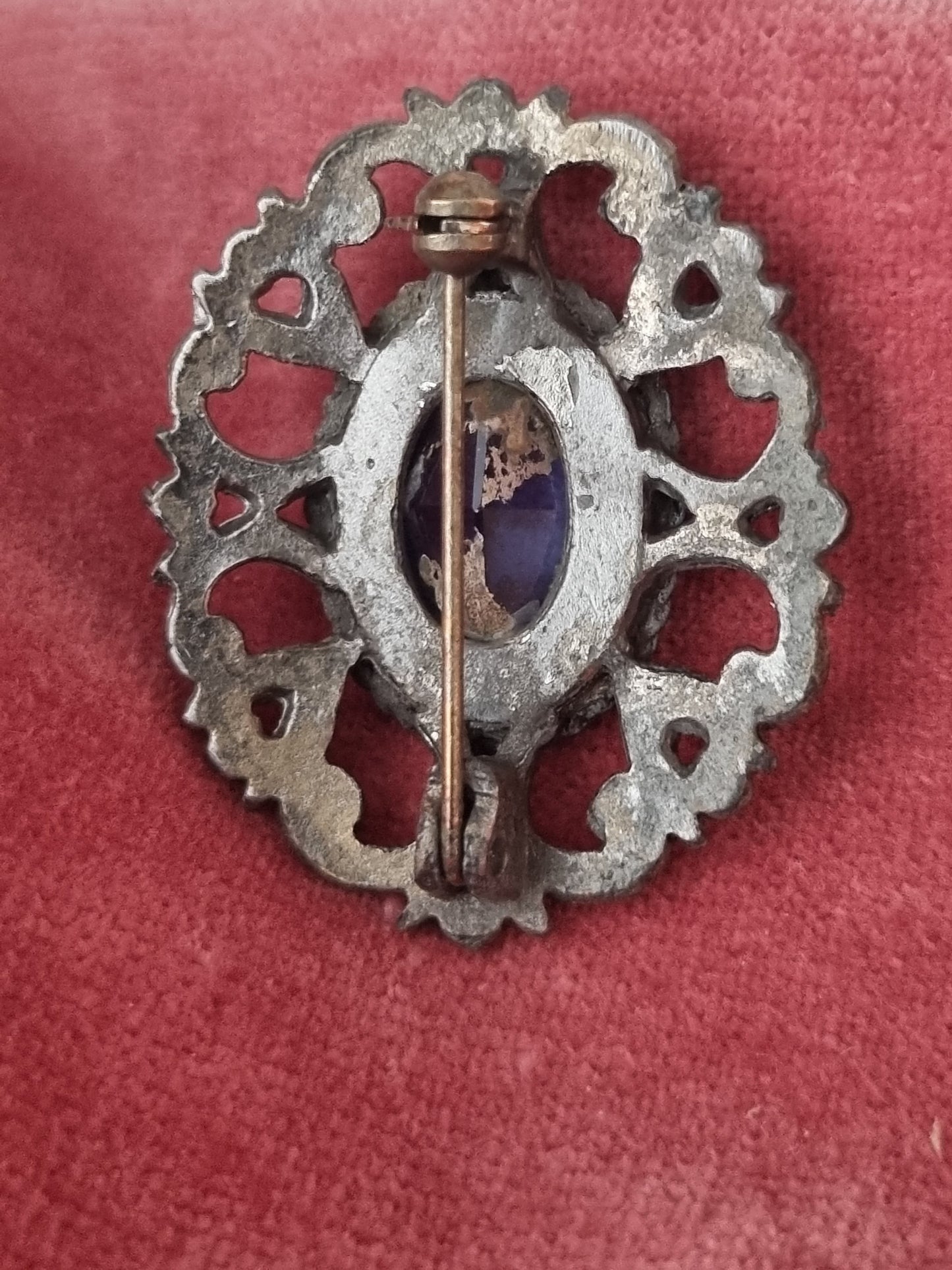 Vintage Brooch Silver Tone Art Nouveau Style Blue Glass