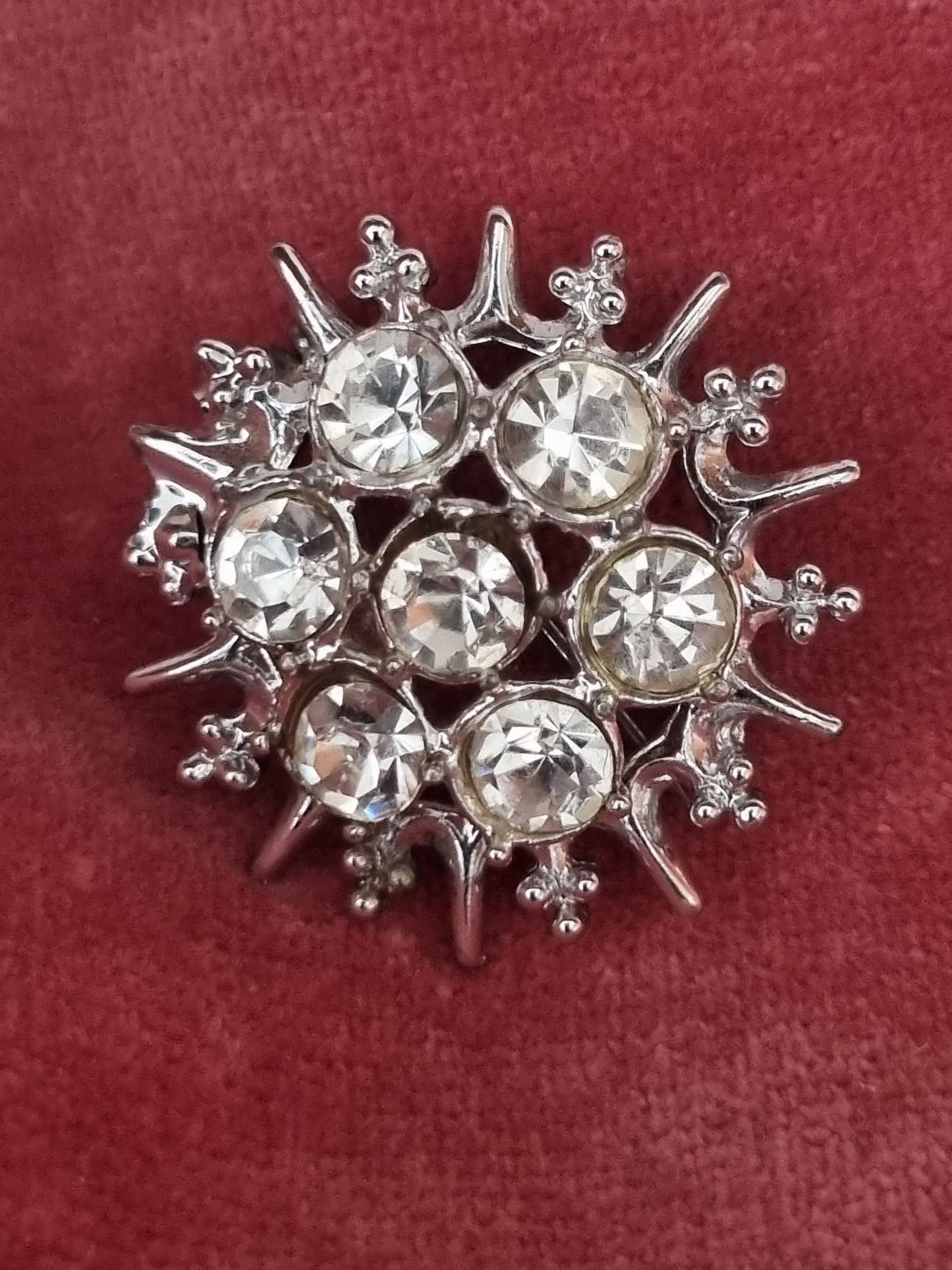 Vintage Brooch Silver Tone Atomic Starburst Rhinestone Costume