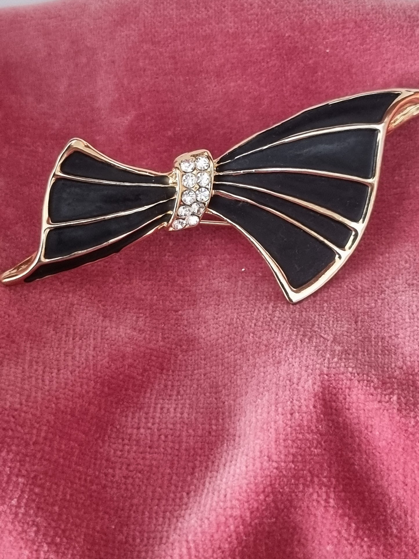 Vintage Brooch Gold Tone Black and White Bow Glass Paste Gems