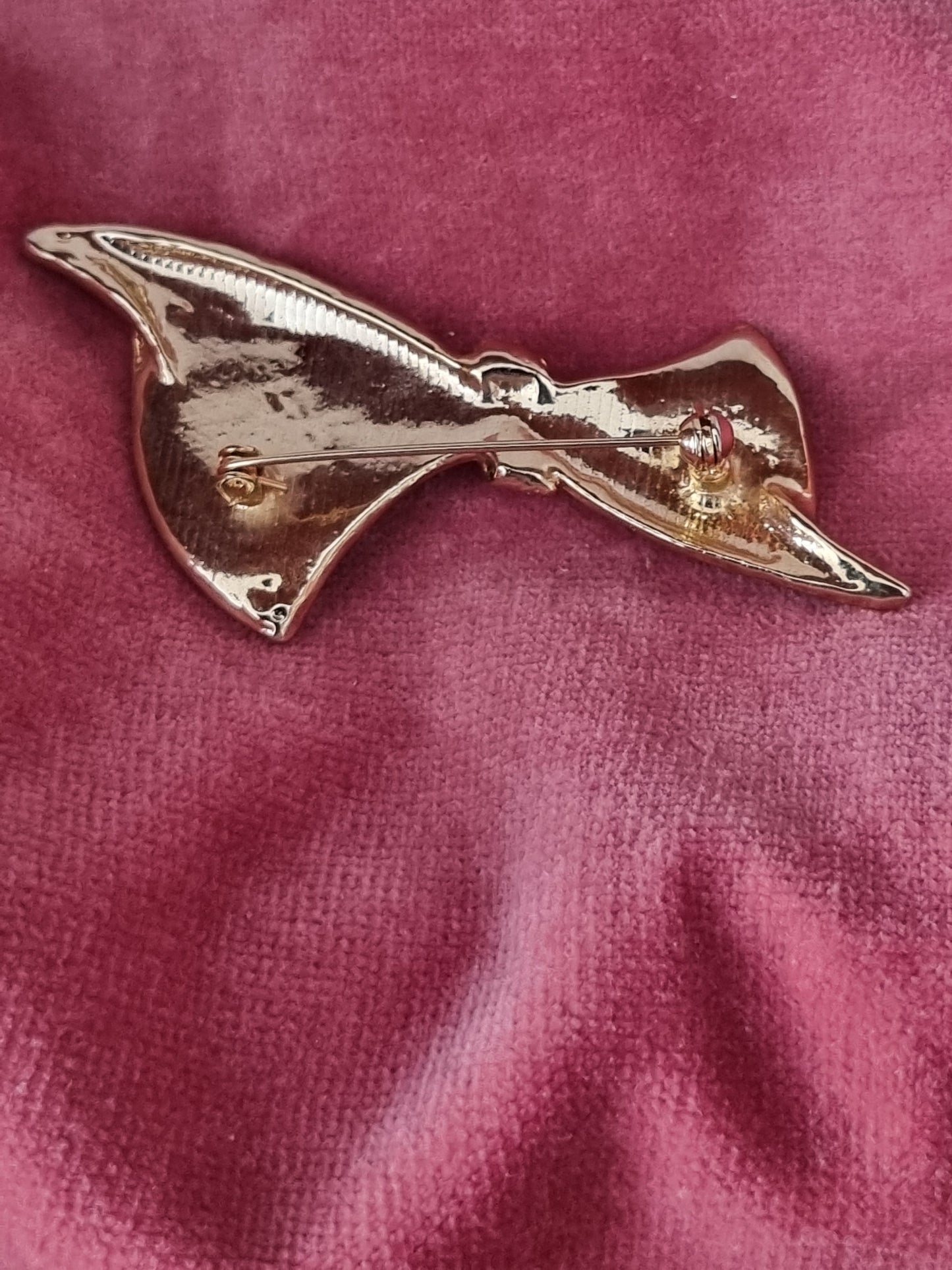 Vintage Brooch Gold Tone Black and White Bow Glass Paste Gems