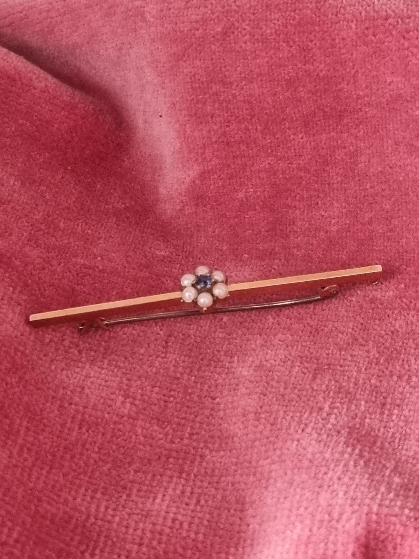 Vintage Brooch 15 KT Gold Stamped Blue Sapphire Seed Pearls Bar Pin Flower