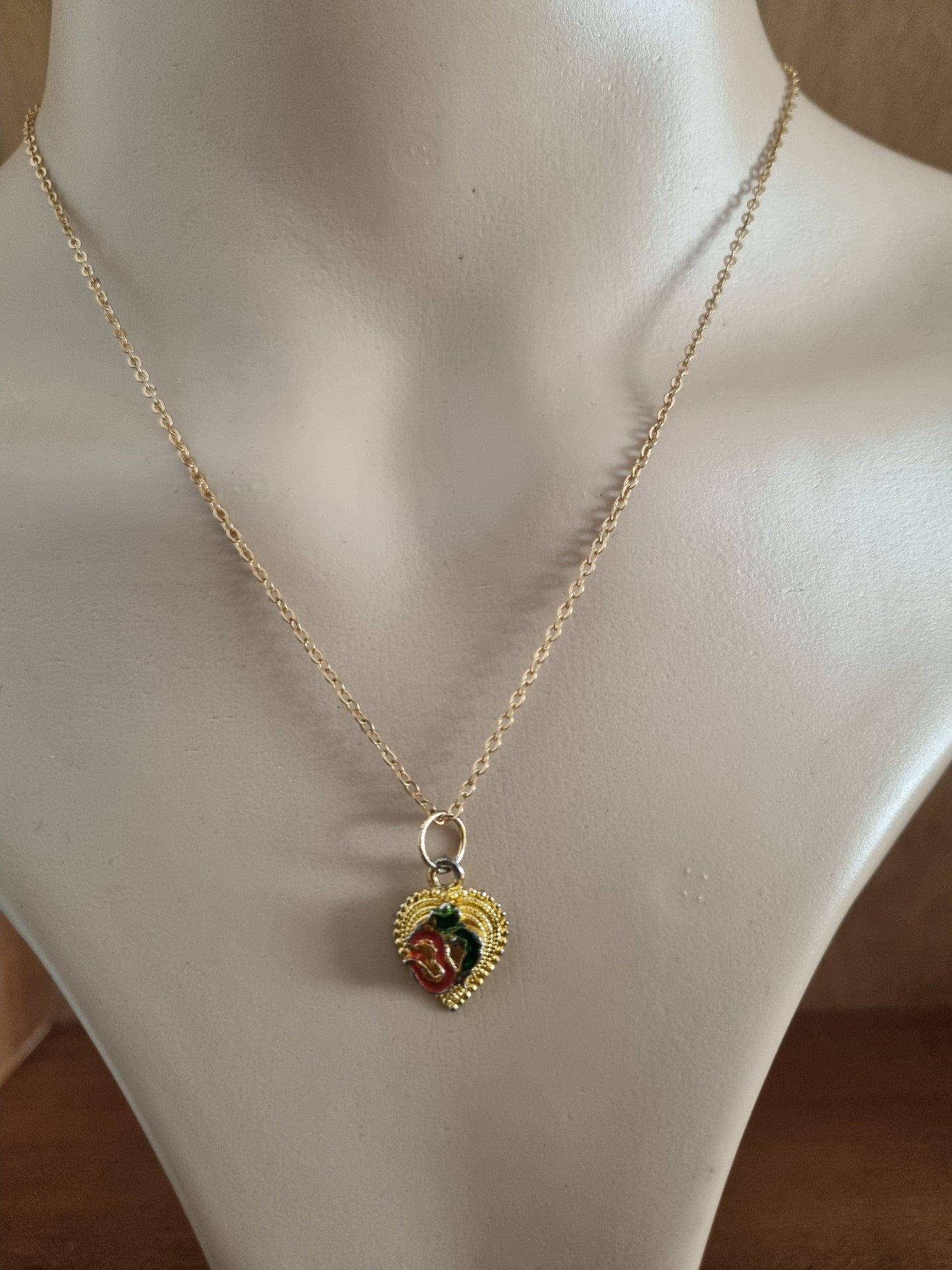 Vintage Necklace Ohme Symbol Enamel Gold Tone Pendant and Chain