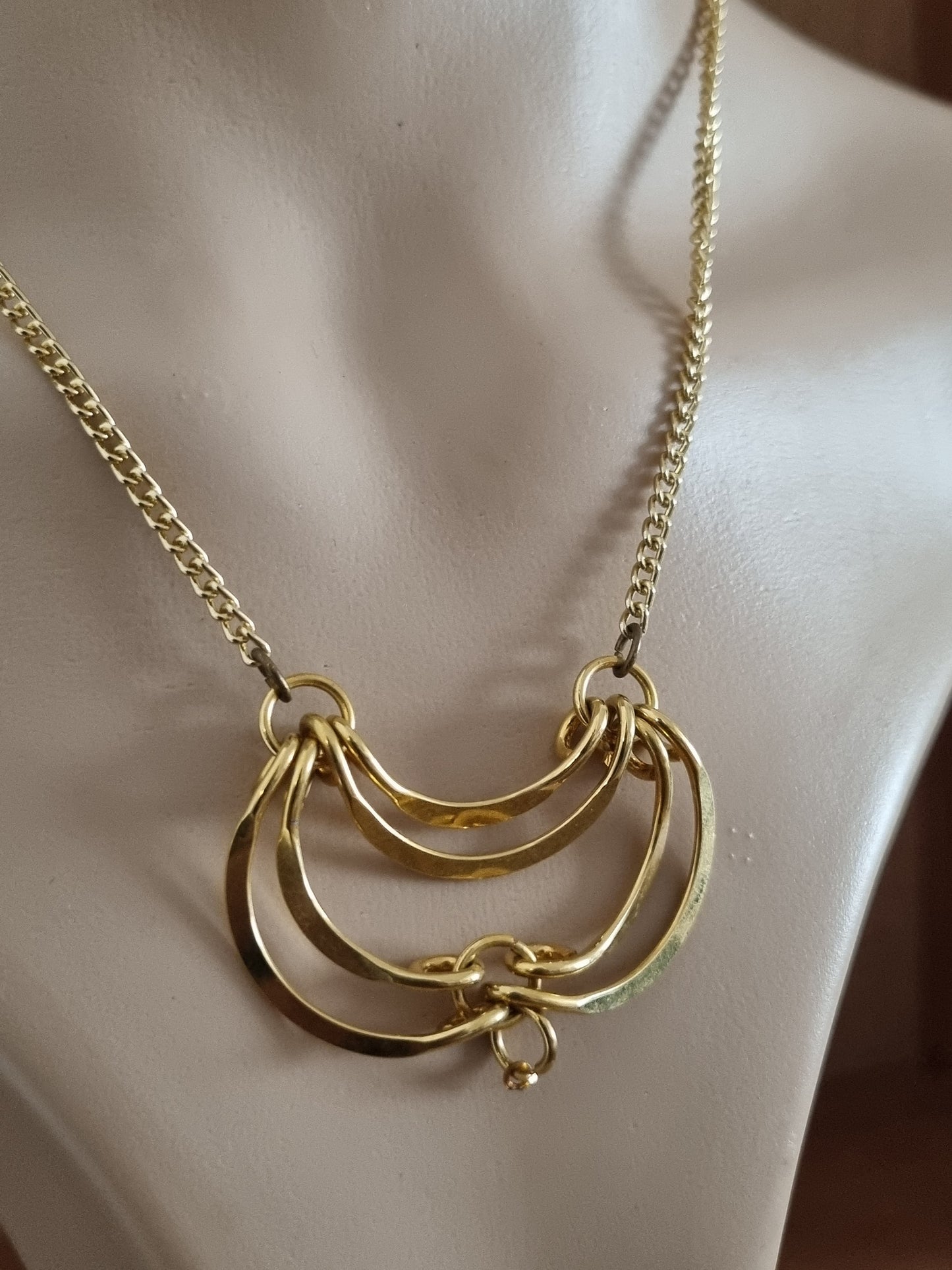Vintage Necklace Gold Tone Statement Unmarked Folded Swirl Pendant
