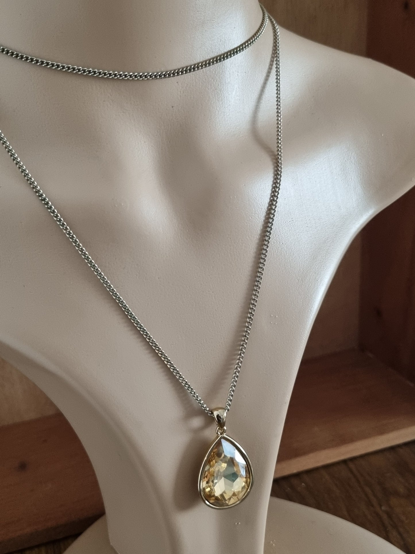 Vintage Necklace Long Chain Citrine Teardrop Costume Pendant and Chain