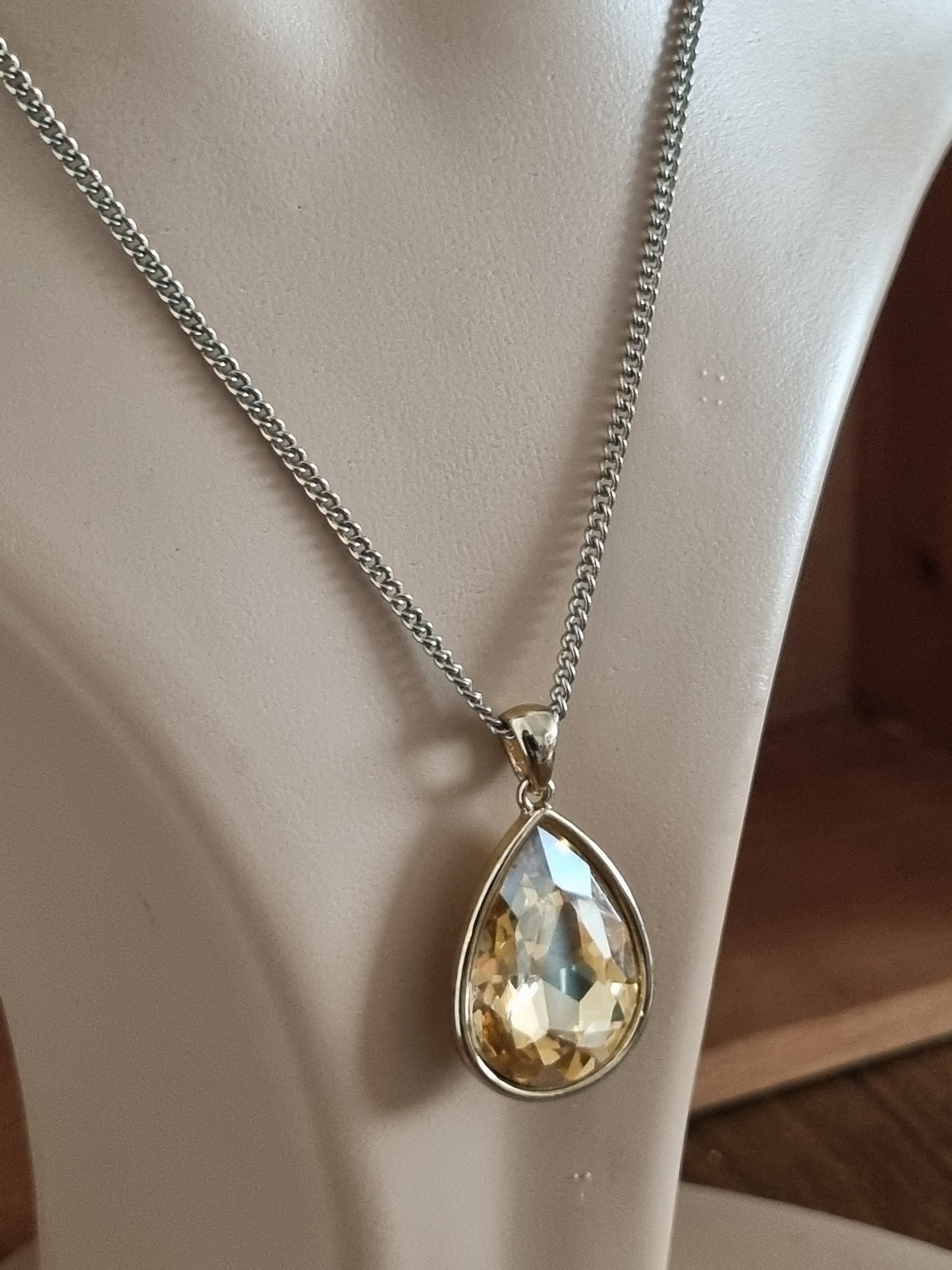 Vintage Necklace Long Chain Citrine Teardrop Costume Pendant and Chain